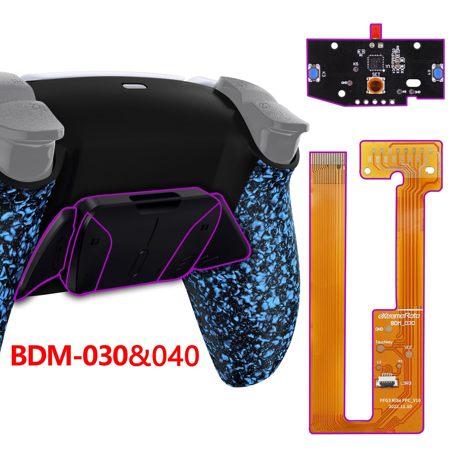 eXtremeRate Programable RISE4 Remap Kit para ps5 Modelo BDM-030/040/050 Actualización Board & Carcasa Trasera & 4 Palancas Botones Traseros para ps5 Control-NO Incluye Mando(Salpicaduras Azules)