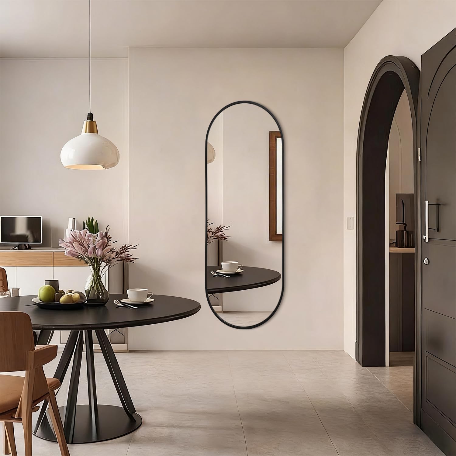 JJUUYOU Specchio da parete per bagno a figura intera, specchio ovale, cornice in metallo nero, specchio, 120 x 45 cm, opaco, camera da letto, toeletta, casa di campagna, vetro temperato inossidabile