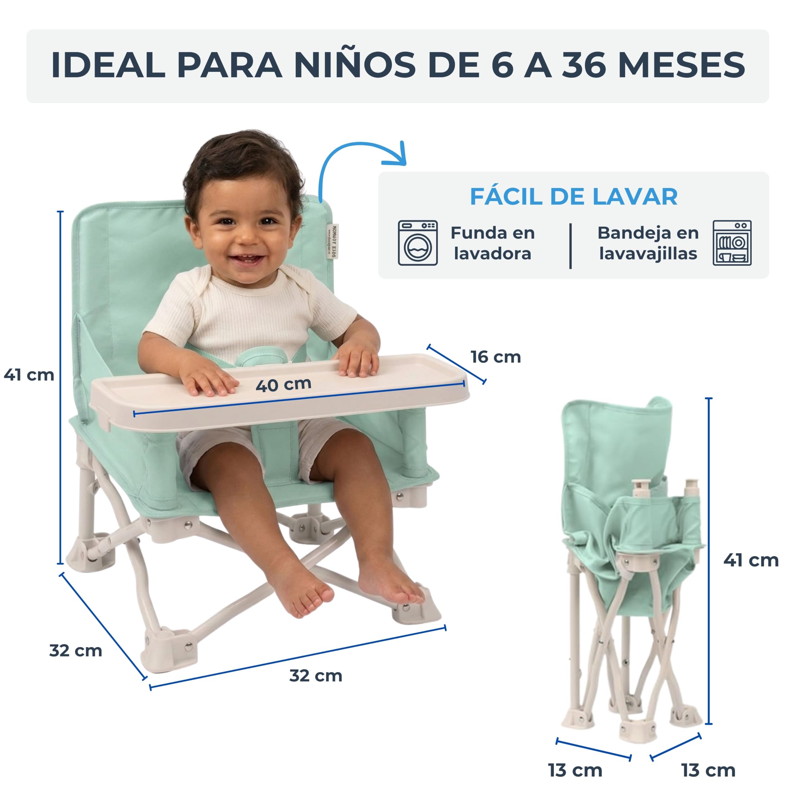 Silla Elevadora Portátil Infantil/Trona con Bandeja - Bebes 6 a 36 Meses (Mint)