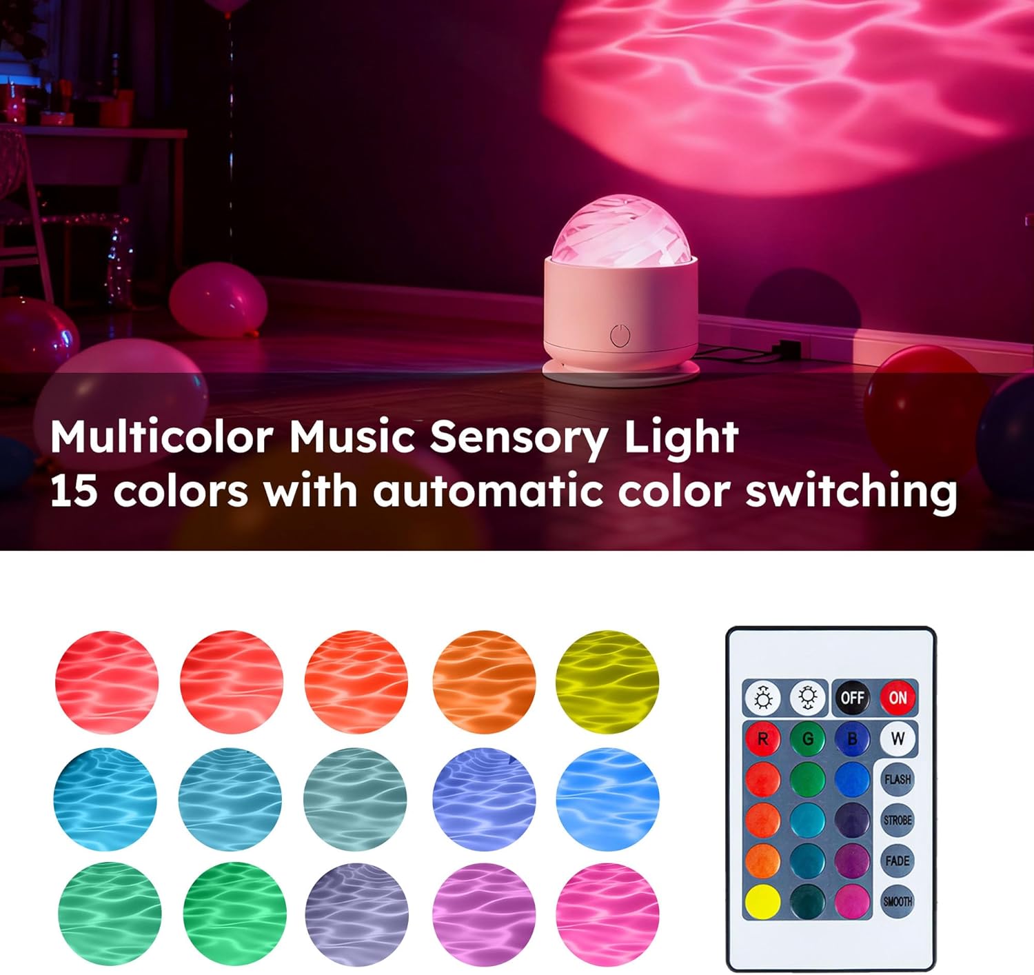 Calming Sensory Lights Projector for Autism & Anxiety Relief, Ocean Wave Light with 15 Color Patterns, Projects Water Ripple Effects on Walls/Ceiling, Sensory Toys for Kids & Adults