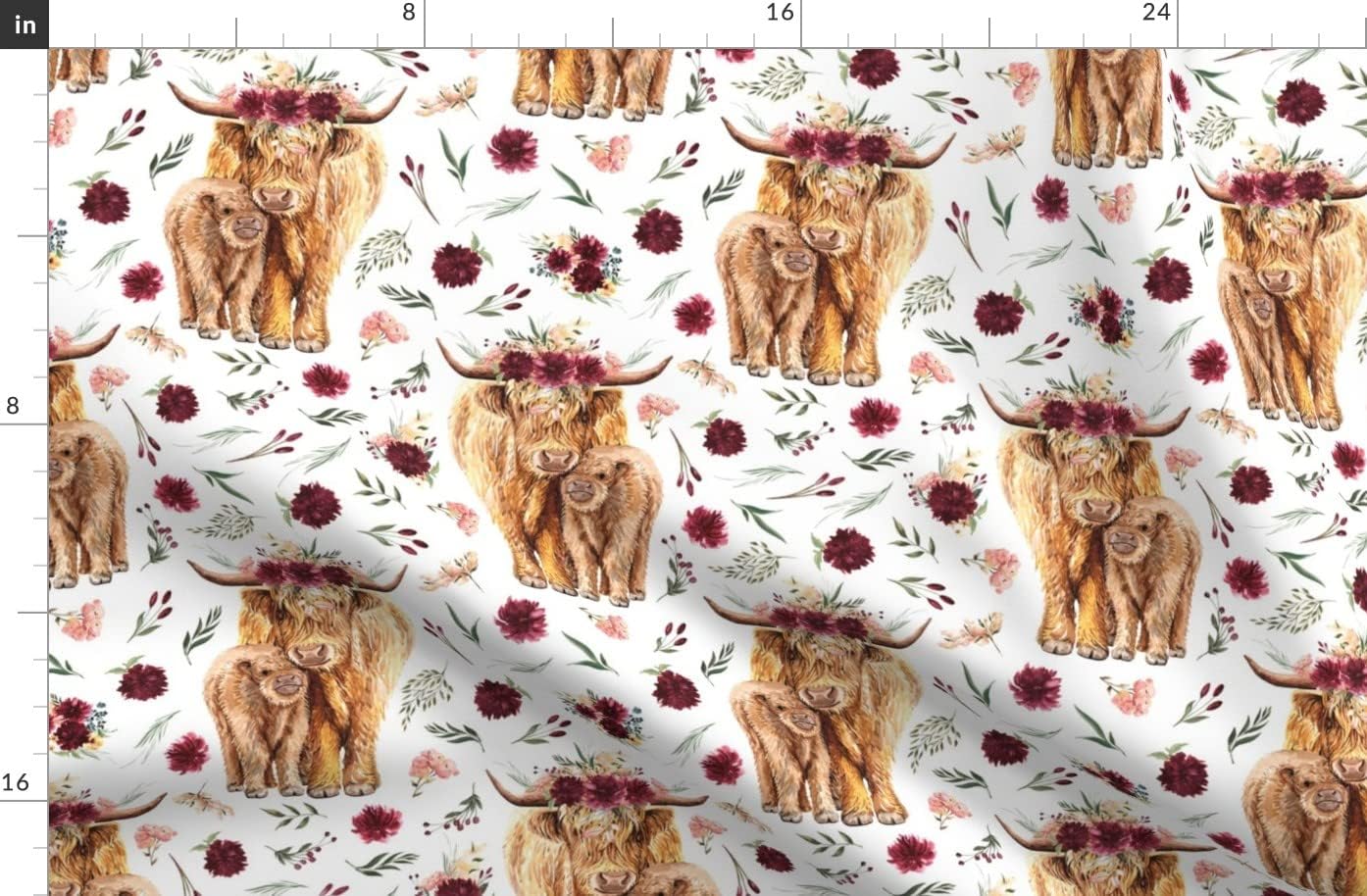 Spoonflower Fabric - Maroon Floral Highland Cow Pink Cows Scottish Printed on Organic Cotton Sateen Fabric by The Yard - Sewing Quilting Apparel Home Decor