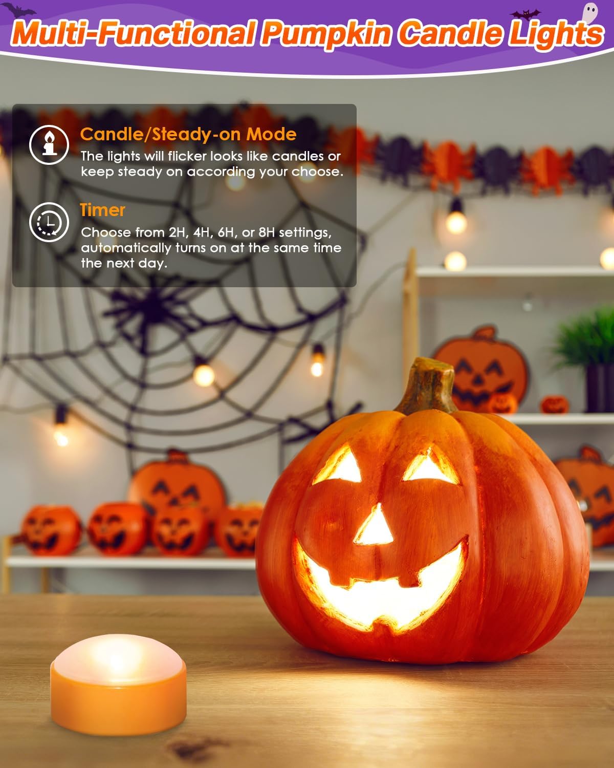Luditek 4-Pack Halloween LED Pumpkin Lights for Inside Pumpkin w/Remote Timer, Battery Operated Flameless Candles Lights with 17PCS Carving Tools Kit & 10 Stencils, Orange Jack-O-Lantern Decorations
