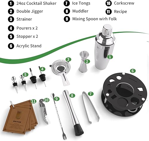 Miniatura 2 de SamuelWorld Juego de coctelera con soporte 14 piezas de acero inoxidable, accesorios perfectos para barman para el hogar y el barman profesional,
