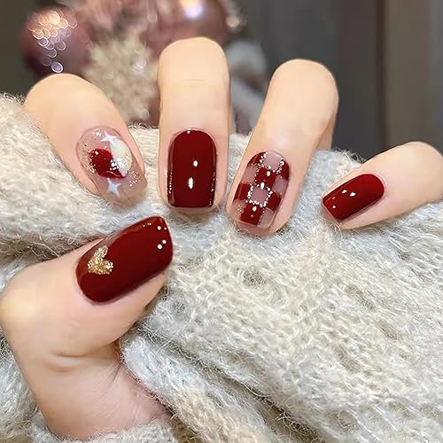 Miniatura 3 de Uñas postizas a presión de otoño, uñas acrílicas cuadradas medianas con diseño de patrón de amor y a cuadros, uñas postizas con purpurina dorada,