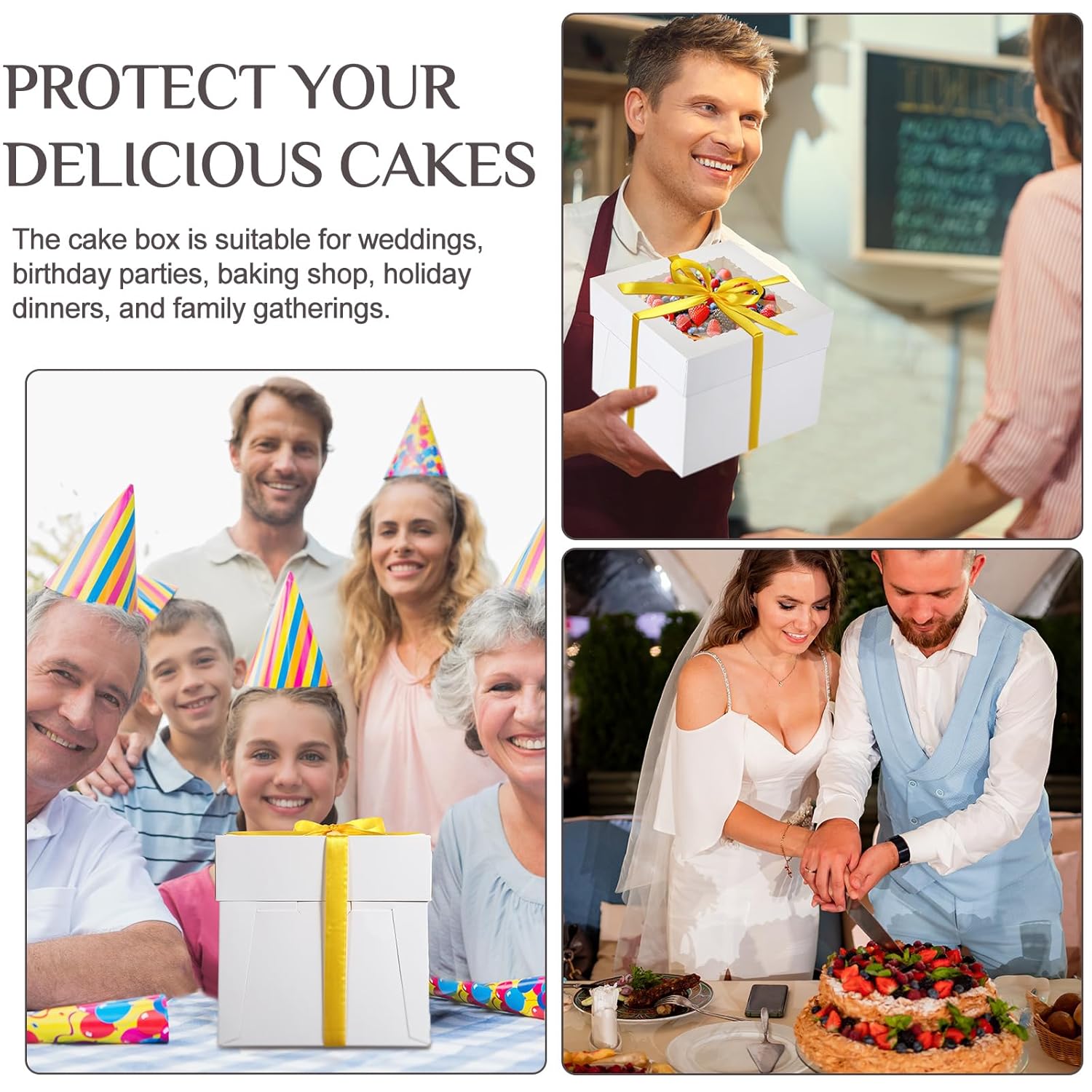 Teenyyou 48 Pcs Cake Boxes with Boards 24 Baking Boxes with Window 24 Cake Boards 2 Rolls Silk Ribbon Large Square Baking Storage in 3 Sizes 12x12x8, 10x10x8, 8x8x8 Inch Disposable Dessert Containers