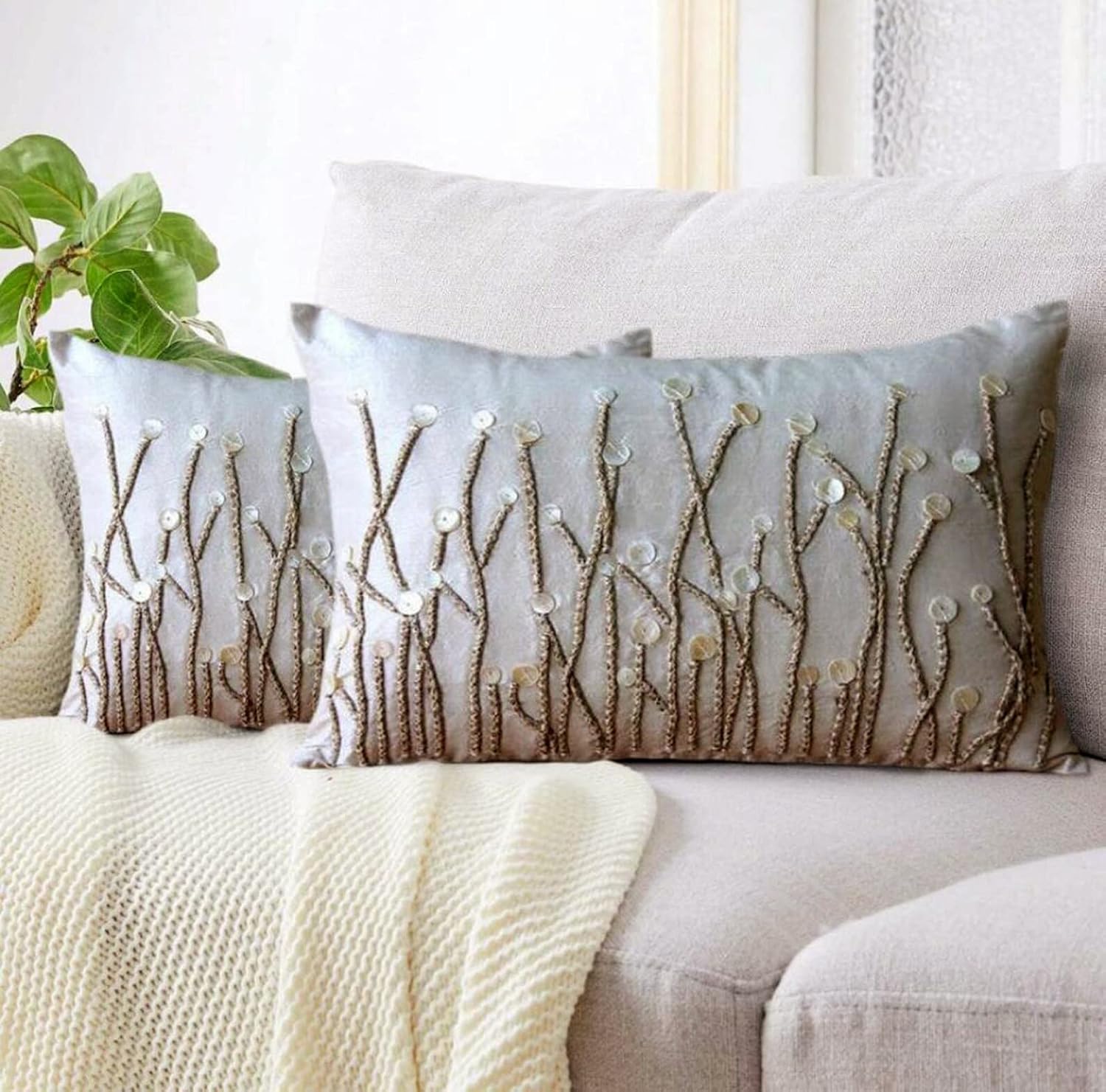 The HomeCentric 12x22 inch (30x55 cm) Lumbar Pillow Cover, Ivory Lumbar Pillow Cover, Jute and Mother of Pearls Farm Design Pillows Cover, Art Silk Rectangle Throw Pillows Cover, Floral - Amour