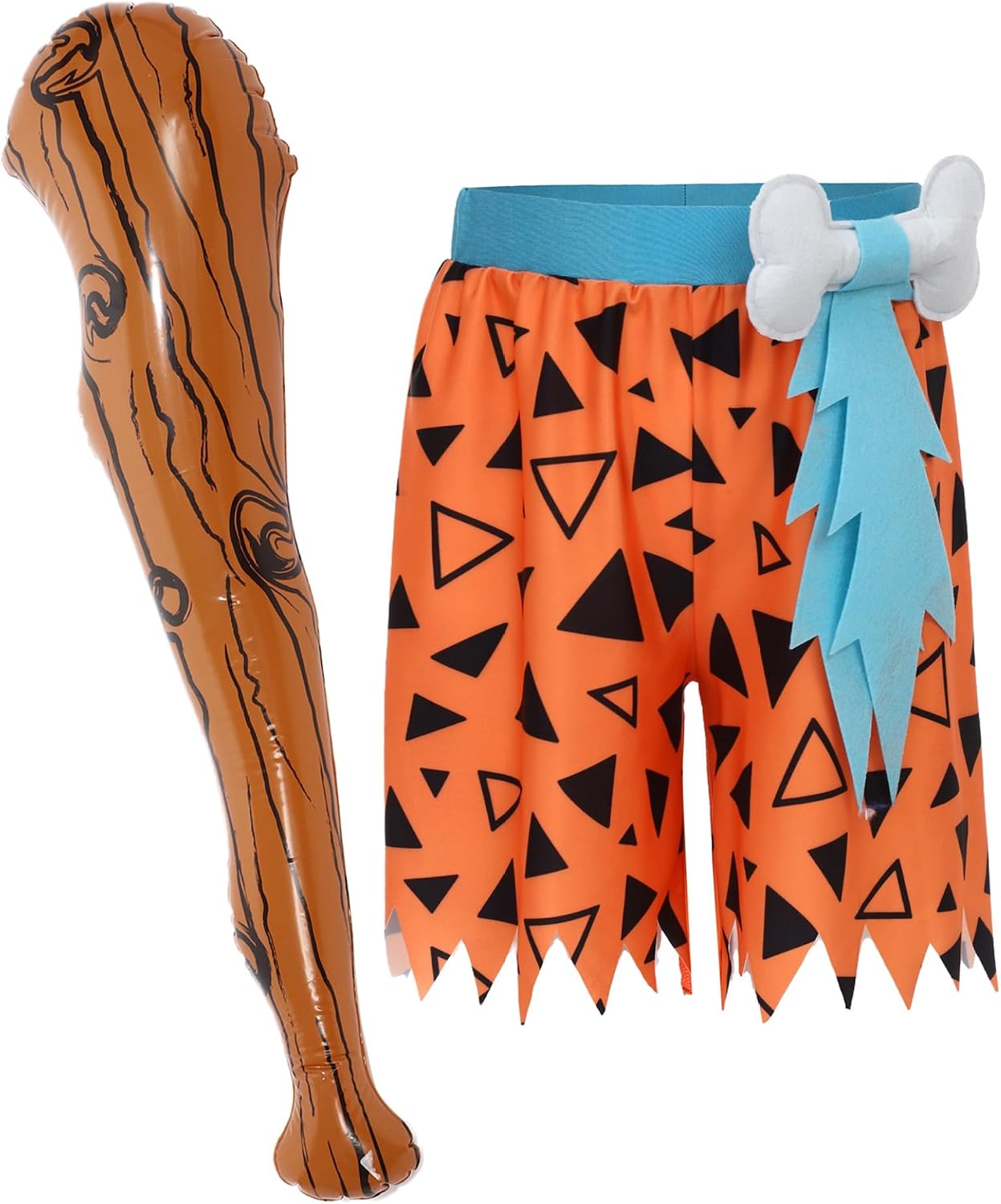 Kids Boys Stone Age Bam Caveman Shorts Elastic Waistband Jagged Hem Pants with Inflatable Stick