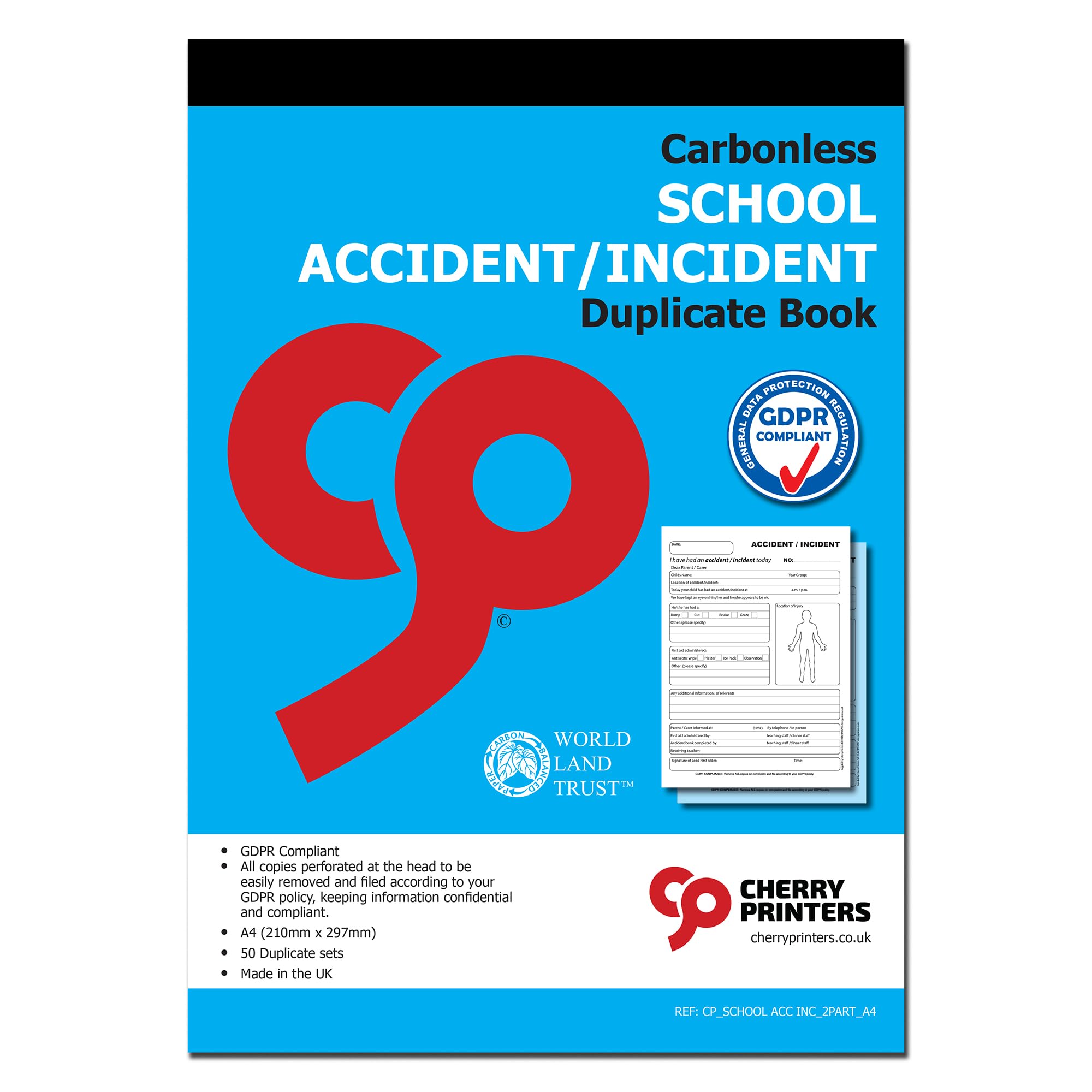 Cherry School Accident/Incident Book A4 | 50 Carbonless Duplicate Sets | 2-Part Report Forms | GDPR Compliant First Aid Record | Both Copies Perforated | Made in UK