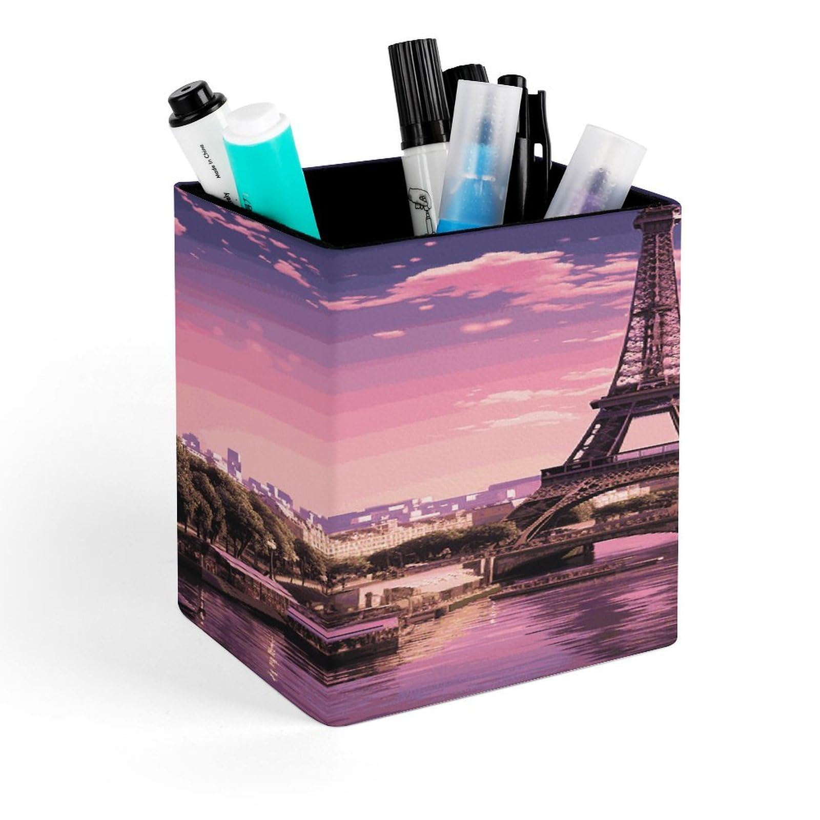 FekiLoot Pink Paris Pen Holder Personalized Desktop Pencil Holders Case Office Accessories Container Box for Square Pen Cup Desktop Organizer Makeup Brush Holder Caddy Storage