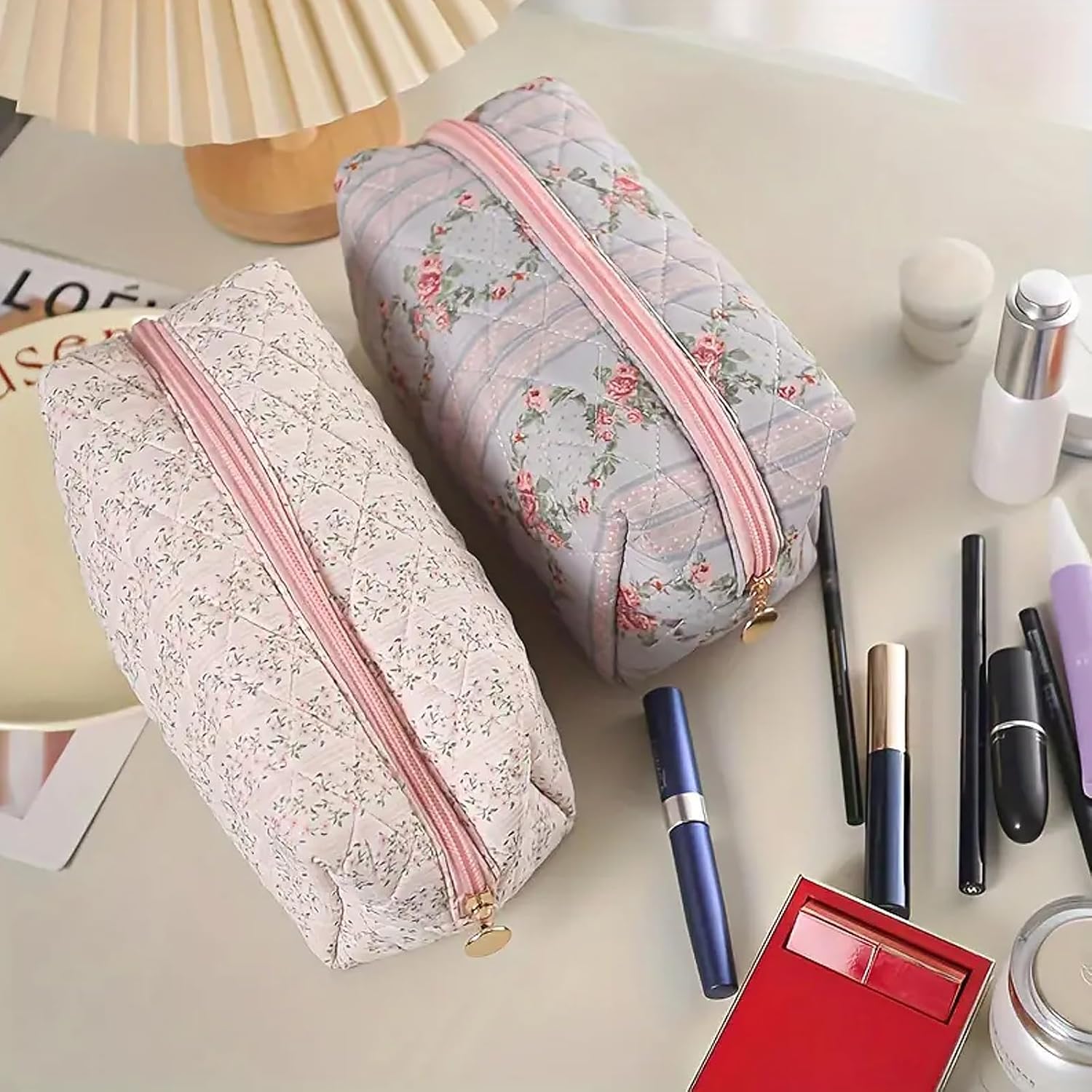 Floral Makeup Bag, Cute Quilted Makeup Toiletry Bag, Zipper Cosmetic Pouch, Daily Travel Use Skincare Bag, Multipurpose Organizer Bag (2Pack Pink + Blue), CS004