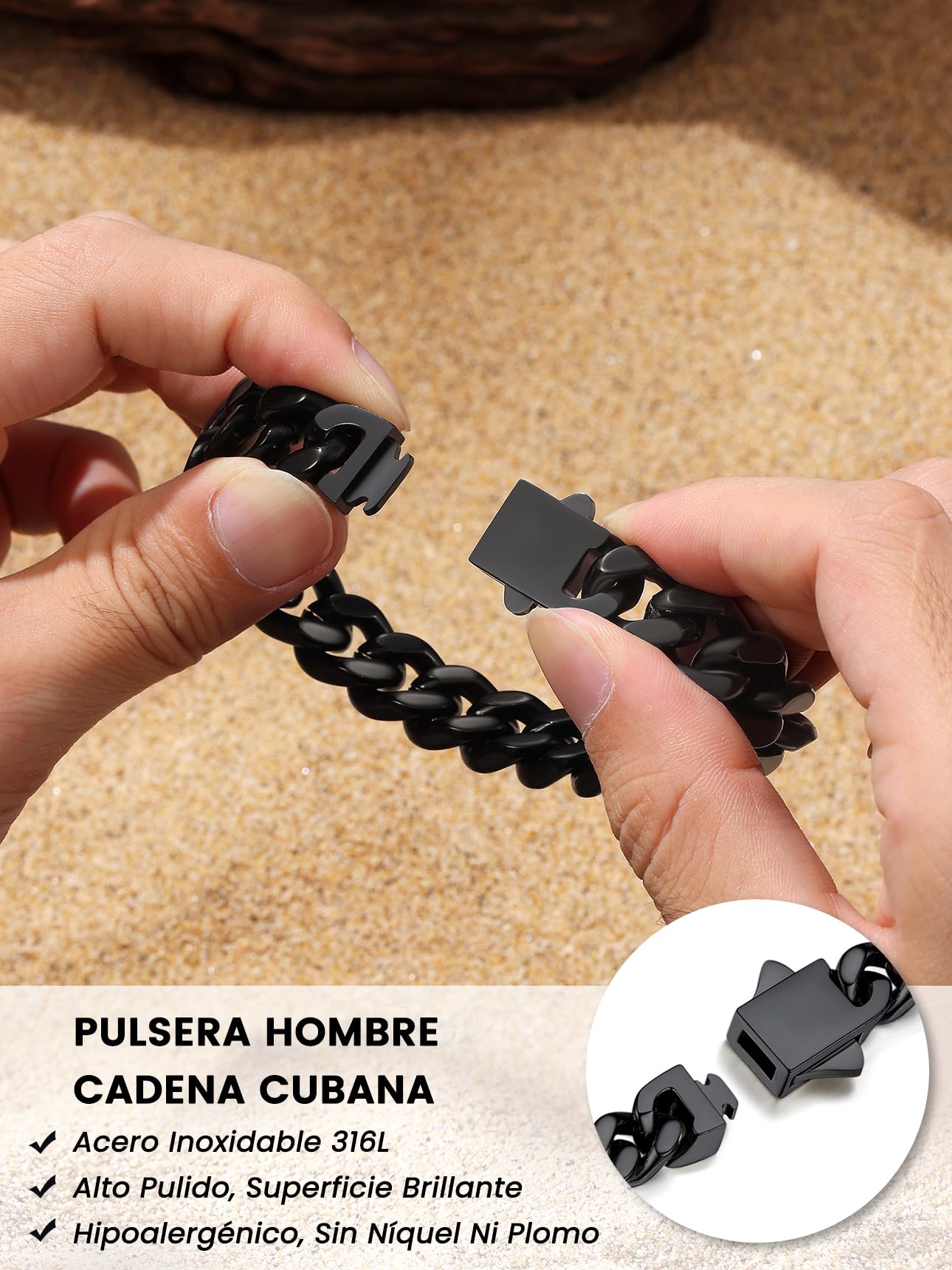 Bestyle Pulseras Cadena Cubano Miami 12mm Ancho Pulsera Cadena Cubana Acero Inoxidable 21cm Largo Pulseras Cubano de Cadena Pulsera Cubano de Miami Negro Pulseras Cadena Cubana Miami
