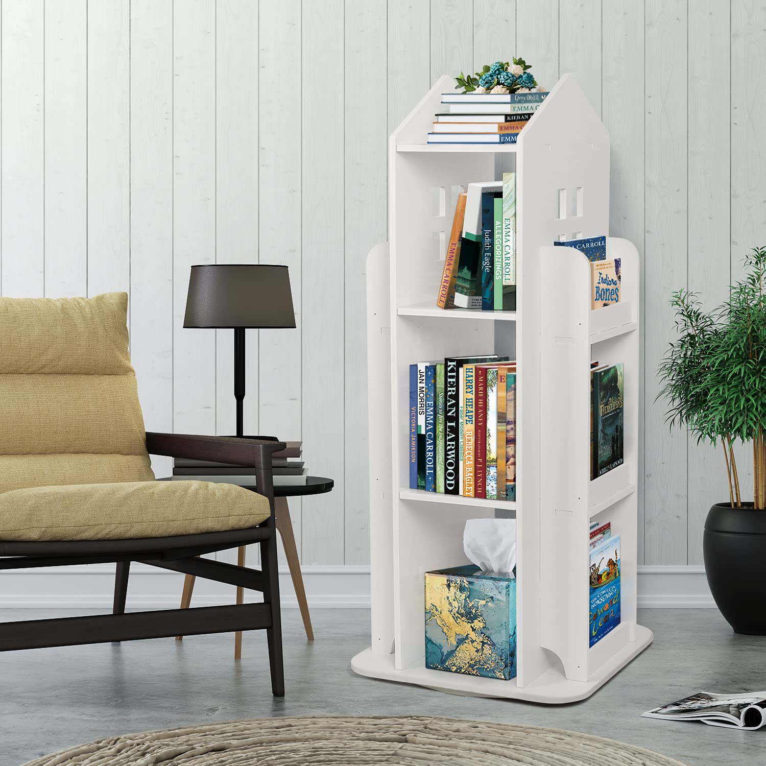 uyoyous Bibliothèque pivotante à 3 niveaux - Blanc | Étagère à livres rotative pour chambre à coucher, salon, bureau, 40 x 40 x 95 cm