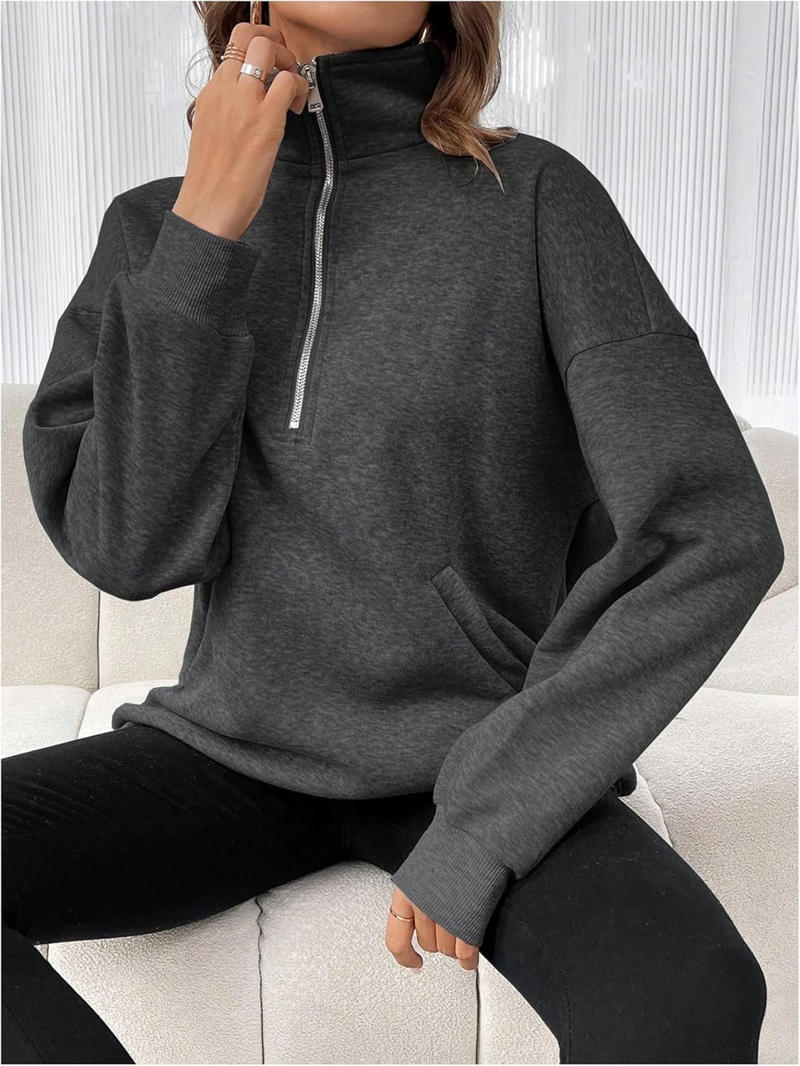 SweatyRocks Women's Plus Size Oversized Sweatshirts Half Zip Up Long Sleeve Pullover Tops with Pockets - Image 4