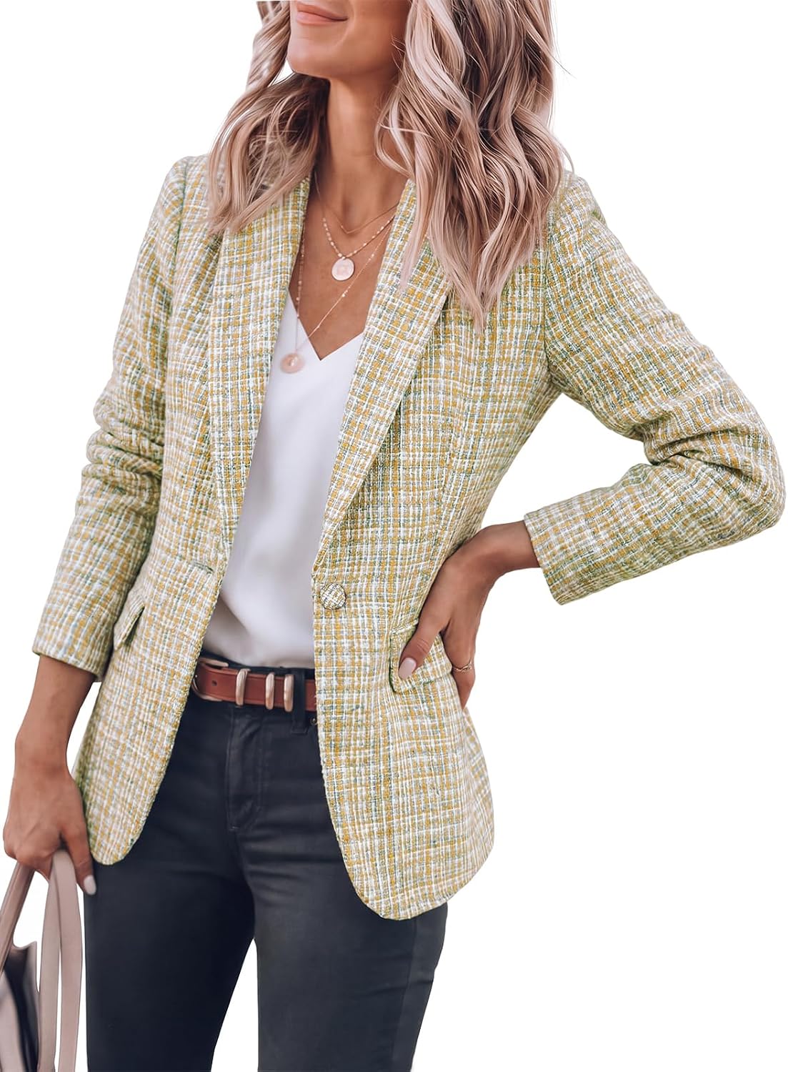 Cicy Bell Womens Plaid Tweed Blazer Jacket Open Front Business Casual Coats