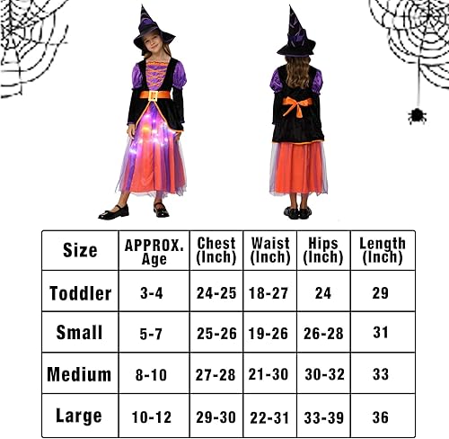 Miniatura 5 de Twister.CK Disfraz de bruja iluminado de Halloween para niñas, bruja de Halloween para fiesta con falda iluminada, sombrero y escoba