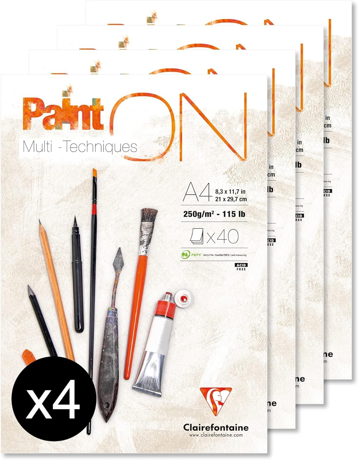 Clairefontaine 96537C - Un bloc encollé de papier dessin Paint'On 40 feuilles 21x29,7 cm 250g, Blanc - Paquet de 4 blocs