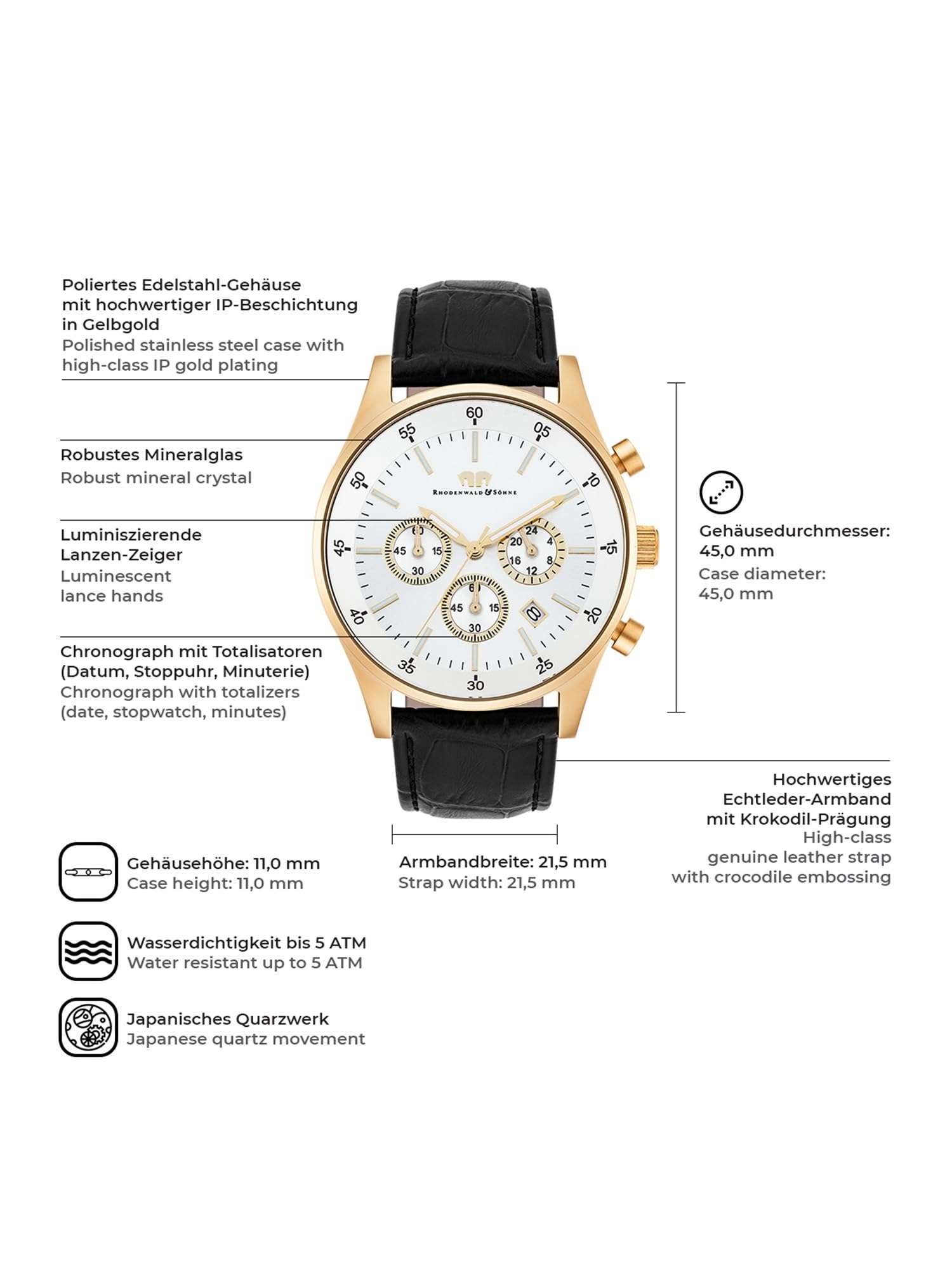 Rhodenwald & Söhne Orologio al quarzo 45 mm