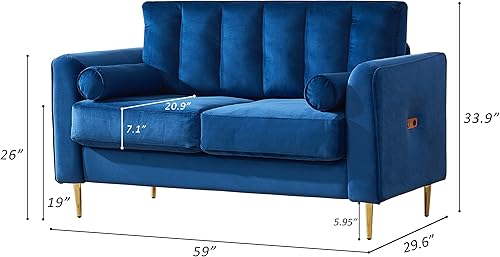 Miniatura 2 de MASTI Sofá biplaza de terciopelo azul de 59 pulgadas para espacios pequeños, muebles modernos con patas doradas y dos almohadas de cojín adecuado