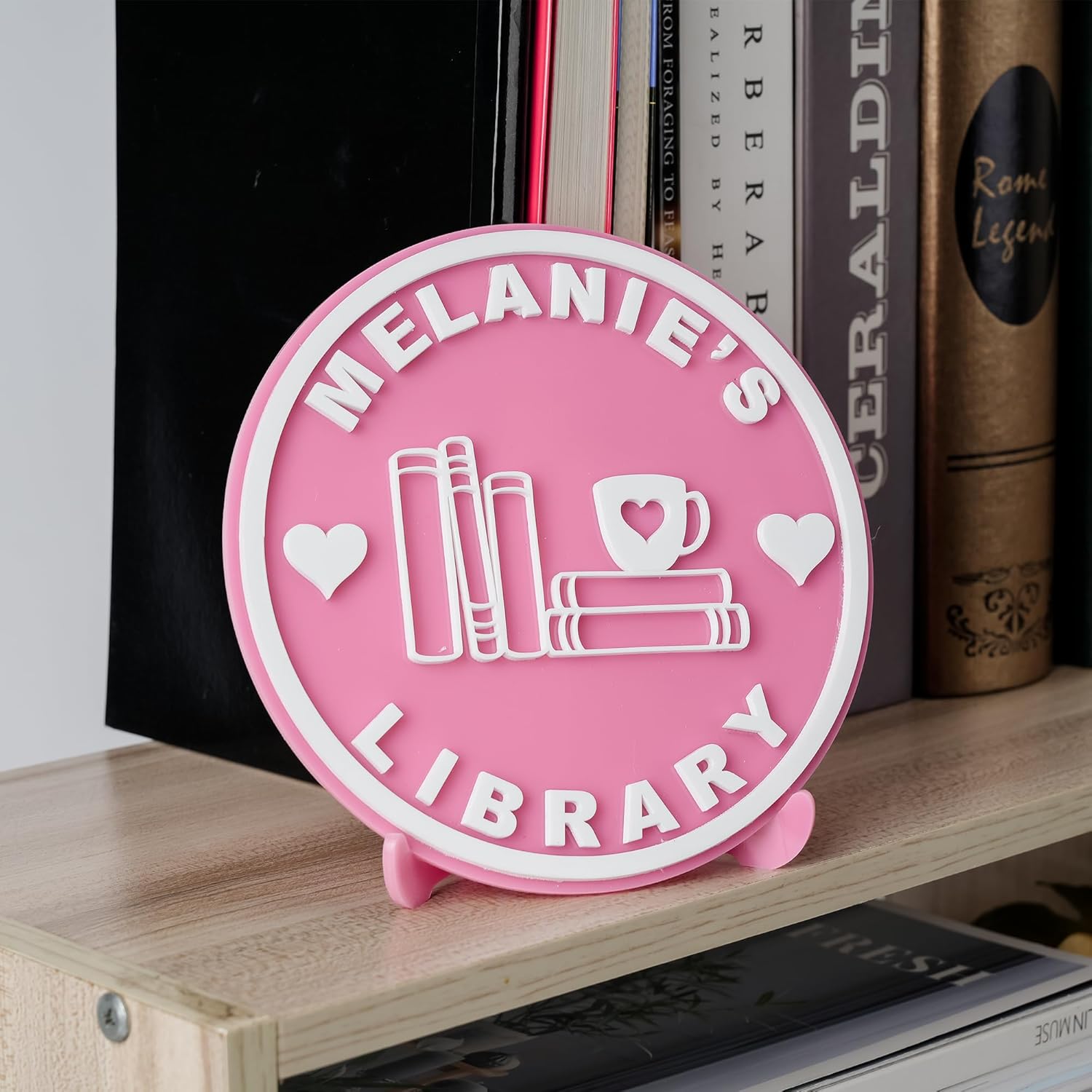 JUOOE Library Sign, Personalized Acrylic Bookshelf Sign, Library Book Nook with Stand Bookish Home Decor, Reader Book Lover Gifts for Daughter Girl, Library Decoration,Home Decor (Pastel Pink)