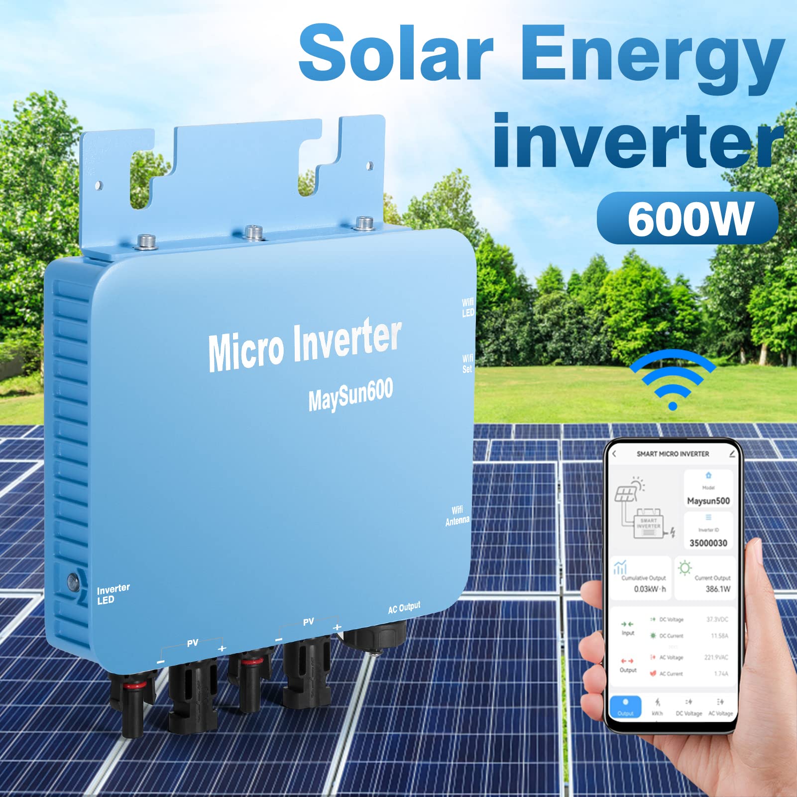 DEWIN Onduleur Solaire, MPPT Micro Onduleur Connecté Grid Tie Inverter 600W Pure Sine Wave Sortie avec système de Surveillance de téléphone Portable WiFi 230V