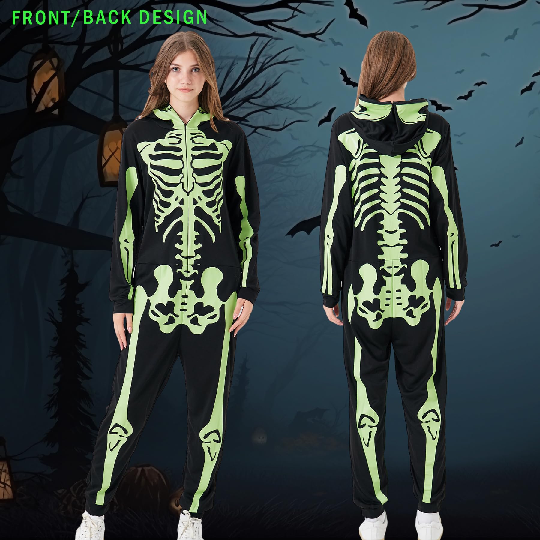 Disfraz unisex de esqueleto para adultos, overol de pijama que brilla en la oscuridad con cremallera y capucha para Halloween