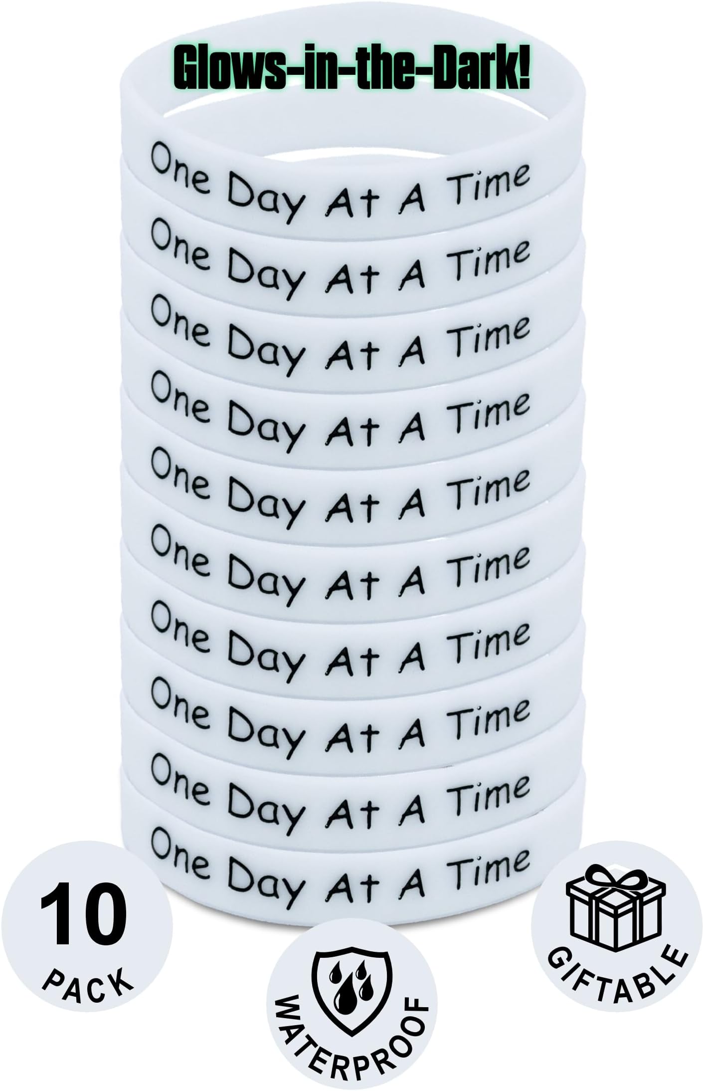 10 Pack One Day at a Time Silicone Motivational Wristbands, Slip-On Rubber Bracelets for Addiction Recovery, Sober Anniversary, Alcoholics Anonymous, NA, Sobriety Gifts for Men and Women