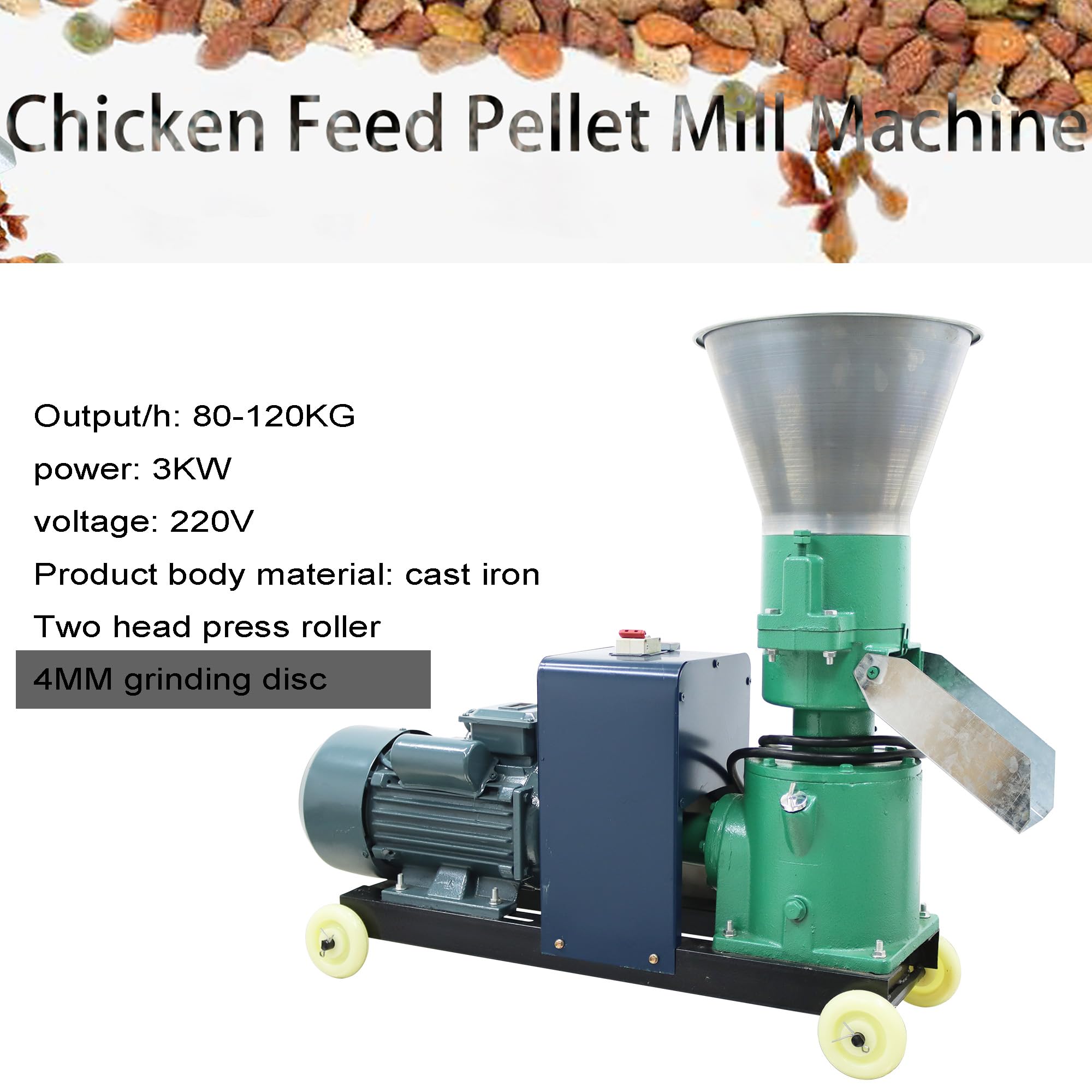 HQHAOTWU Animal Feed Pellet Machine Chicken Feed Pellet Maker Farm Fodder Granulator 2 Head Rollers 4MM Holes Plate 220V 3KW