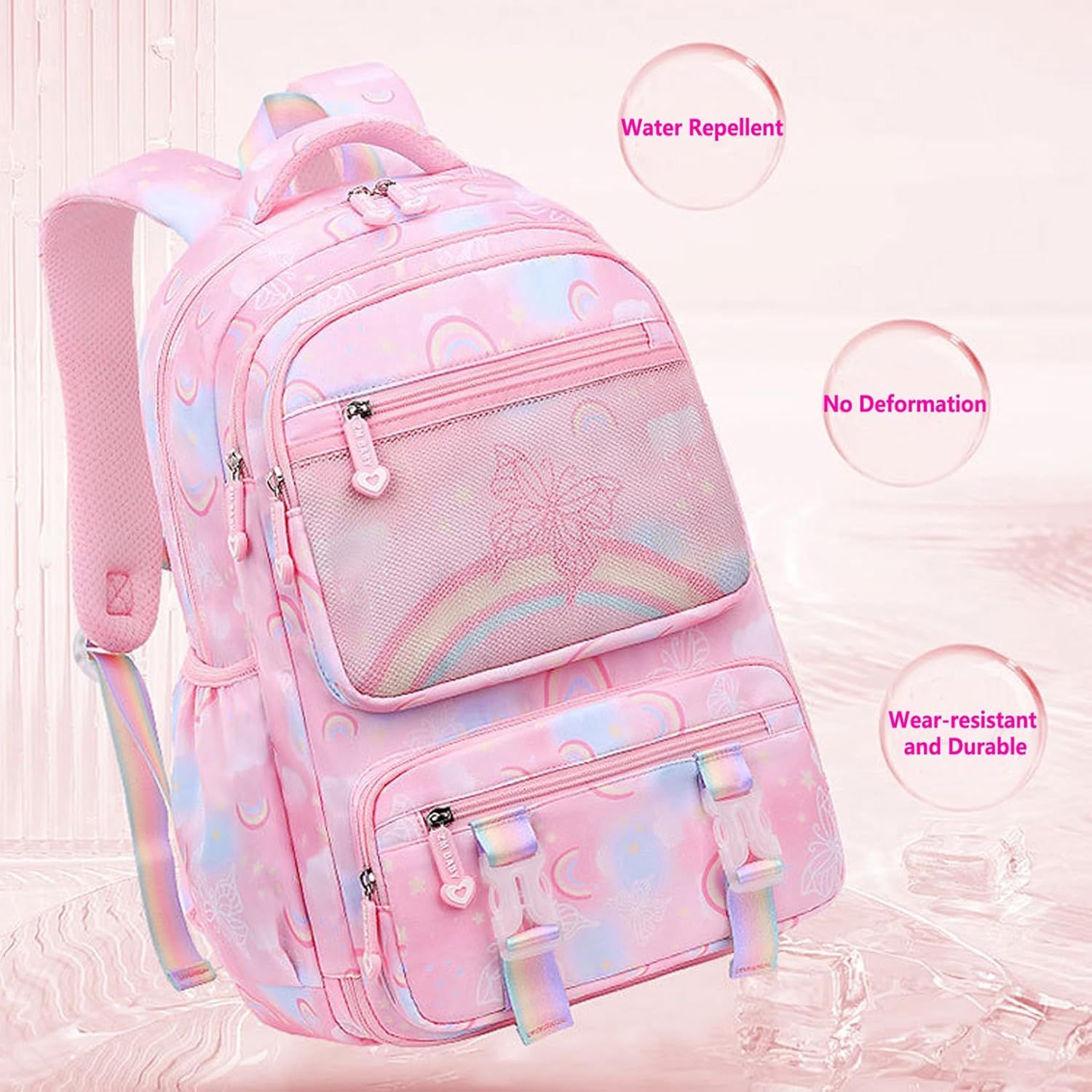 WYCY School Backpacks for Girls Kawaii Backpack Large Capacity Kids School Bag for Girls 6-12 Years Old (printed light pink)
