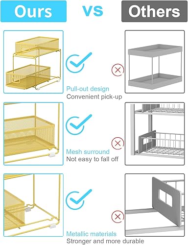 Miniatura 7 de Cestas organizadoras para debajo del fregadero con cajones deslizantes de malla extraíble para armario, cocina, baño, 2 niveles, dorado