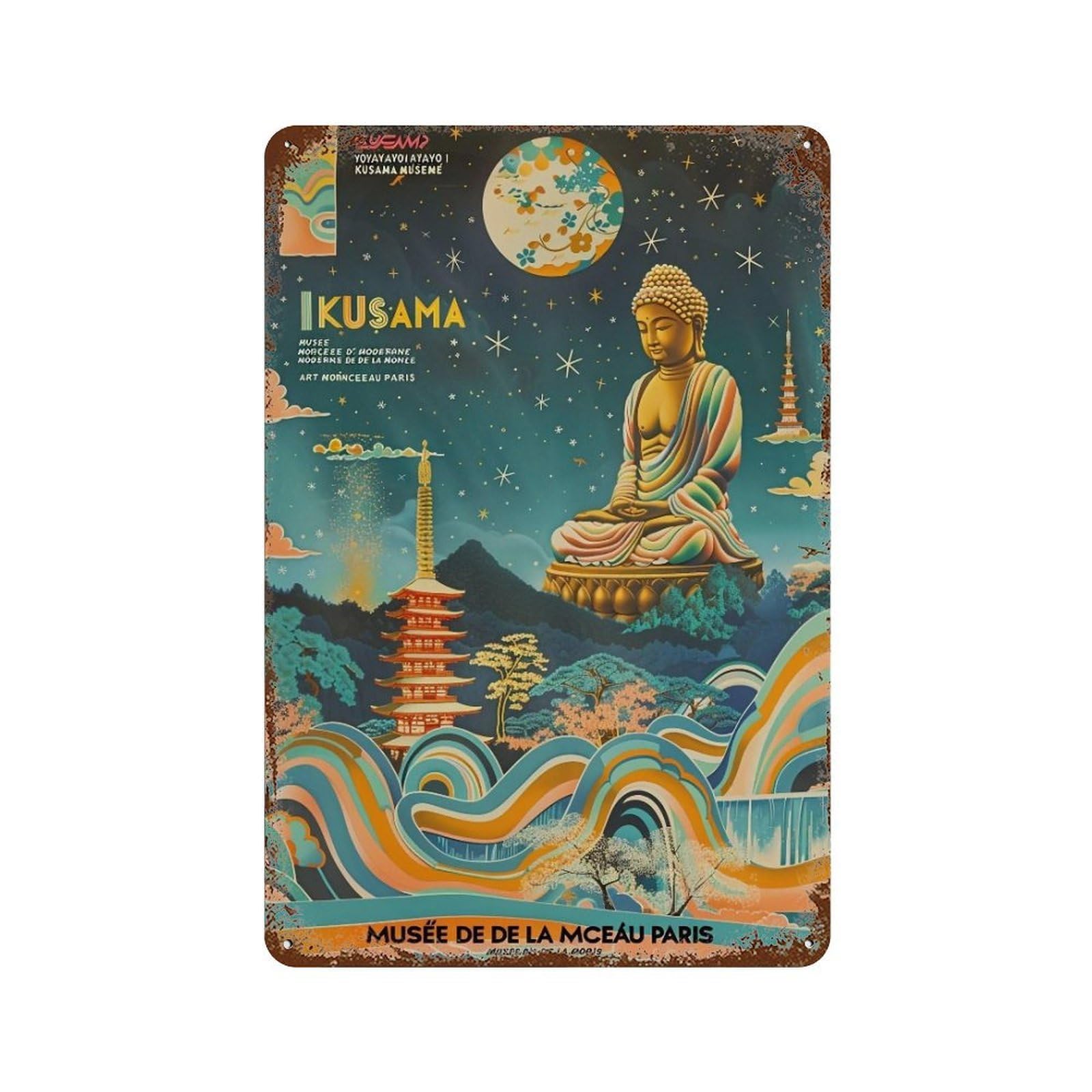YHGERTKU Yayoi Kusama Buddha Landscape 01 Wall Art Retro Iron Vintage Metal Tin Sign Poster Modern Decor for Living Rooms Gift 30x20cm