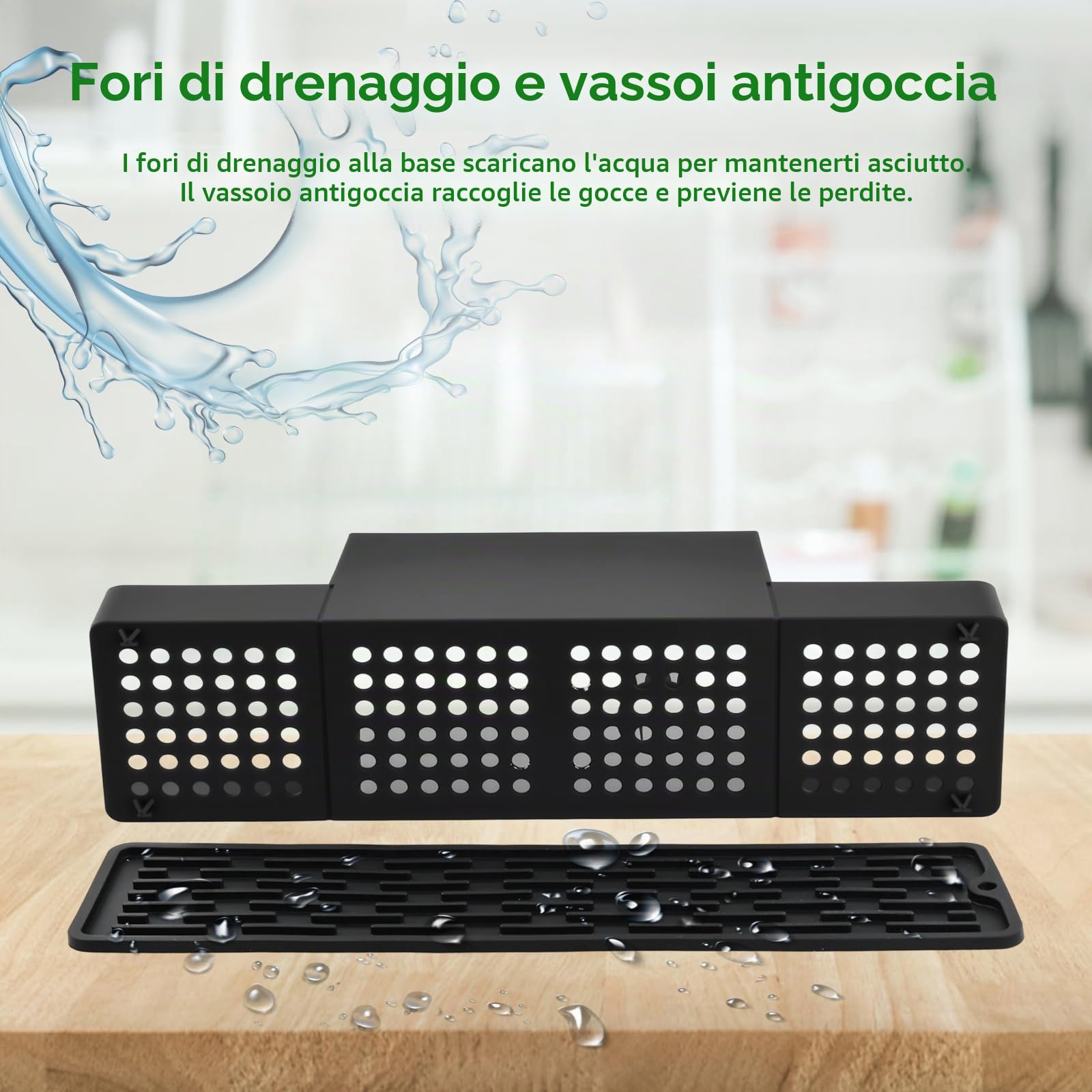 Dosatori per Sapone Liquido, Set di Dispenser Sapone Cucina, con Spugna, Spazzola e Tappetino di Drenaggio, Porta-Spugna per Lavello da Cucina, Organizer Lavello Cucina, Nero