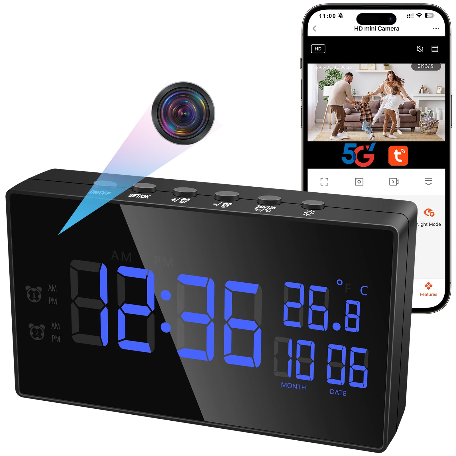 Cámara Espía Oculta WiFi, 5G Mini Camara Espia Inalambricas Despertador | Doble Banda Reloj con Cámara 1080P HD, Visión Nocturna Detección de Movimiento, Ángulo 120° App Tuya Vigilancia Interior