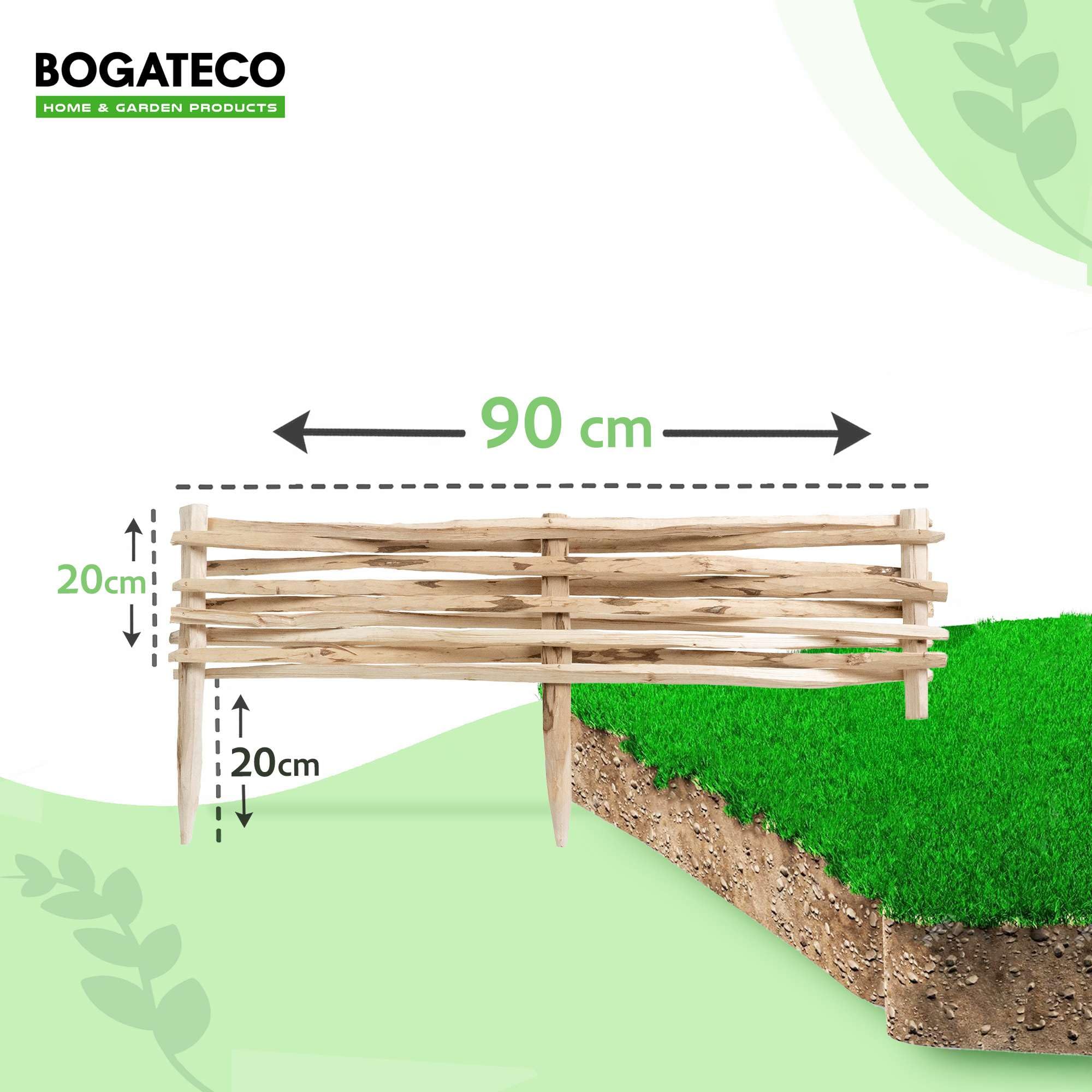 BOGATECO 3 vallas de jardín de madera de avellano, 90 cm x 20 cm, borde de césped, valla de madera, valla de estacas, valla de estacas, cercas para arriates, valla de inserción, perfecta como borde de
