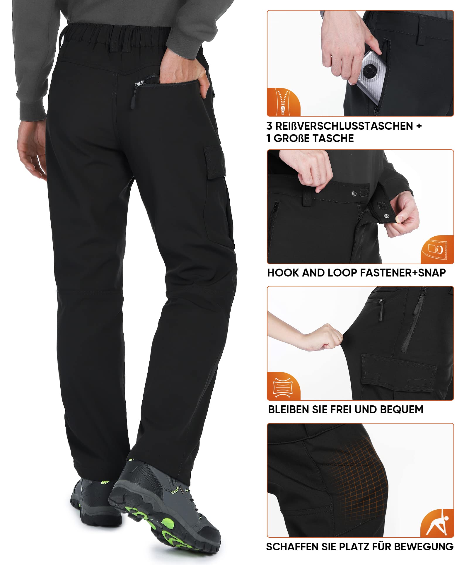 Pantalon de randonnée en softshell stretch pour homme - Imperméable - Pantalon de ski - Doublure chaude M Noir