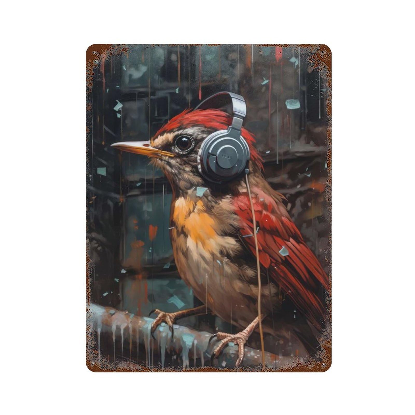American Robin Headphones Rustic Tin Plaque 15.7"x11.8", Ideal for Cafe, Home Bar And Lounge Decor