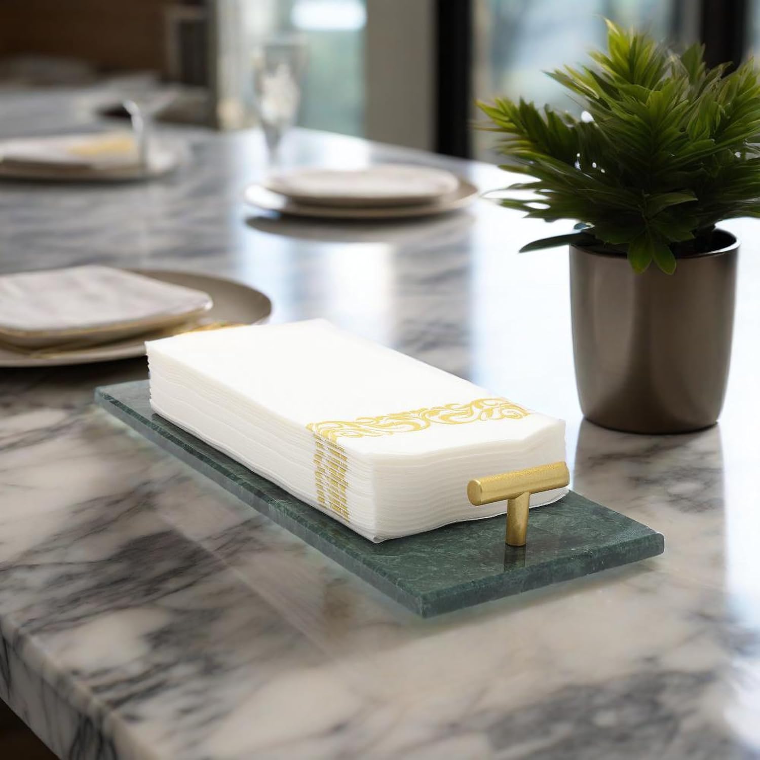 Napkin Holder - Guest Towel Holder for Bathroom - Green Marble Paper Towel Holder - Hand Towel Tray with Gold T-Handle(11.8x4.7x1.7 Inchs)