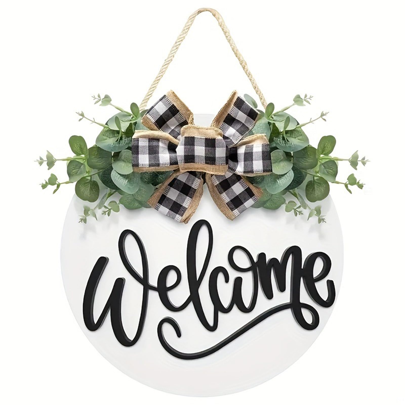 Wood Farmhouses Wreath Porch Decors Welcome Sign for Front Door Outdoor Welcome Sign Outside Door Hangings Decorations Round Wood Wreath Round Board