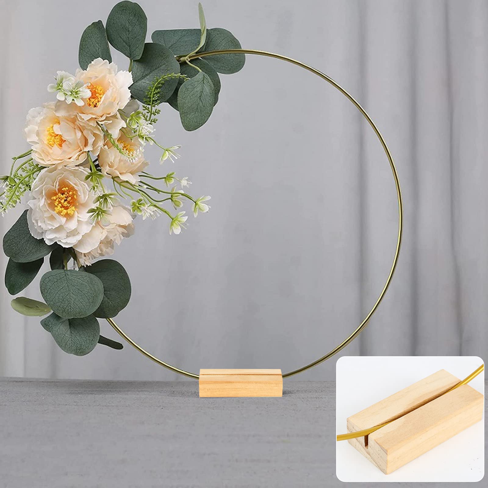 10 aros redondos de flores de metal de 30 cm con 10 soportes hexagonales de madera, anillos decorativos de metal dorado con soporte de madera, para manualidades, bodas, decoración de mesa y