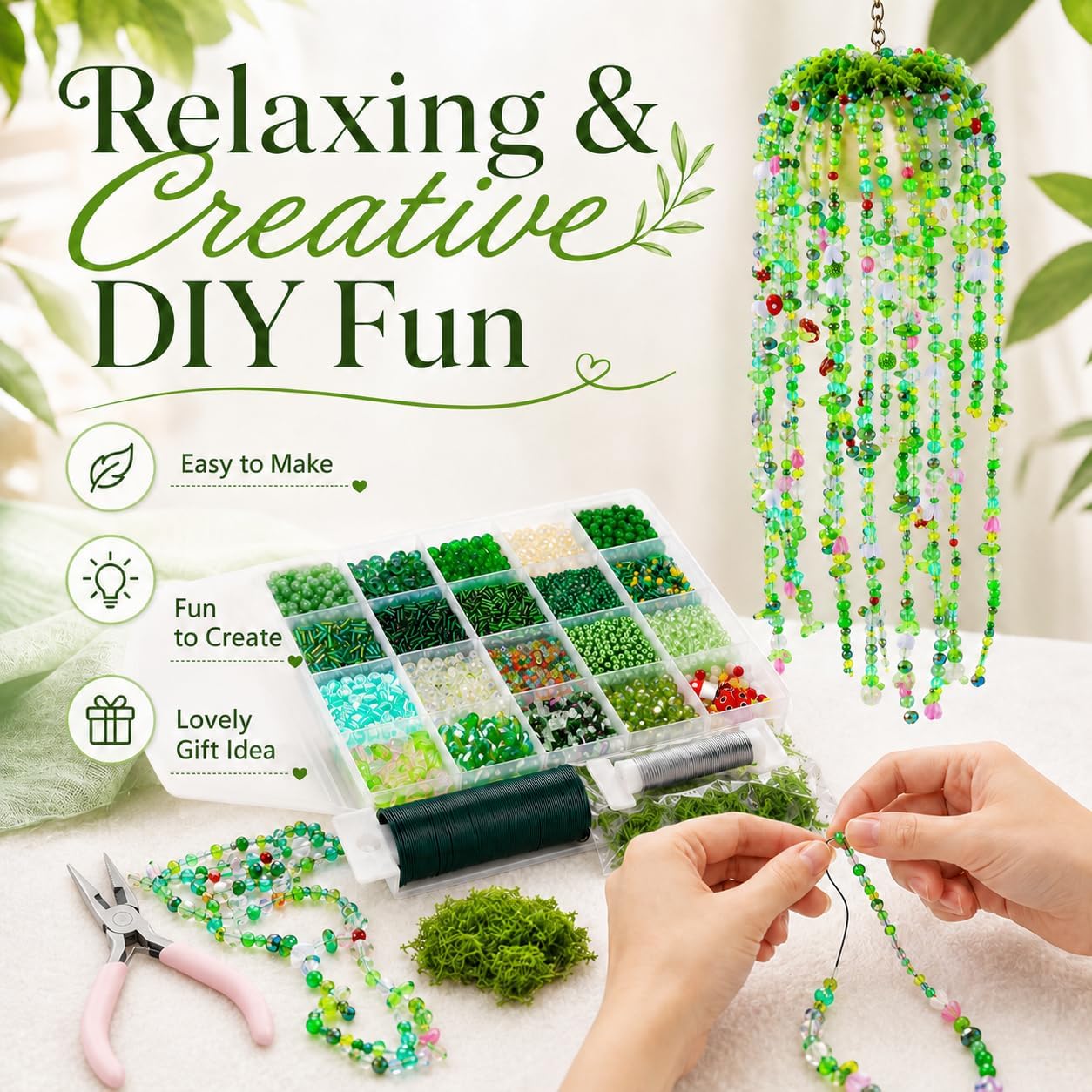 KOEVSU Beaded Plant Kit with 5422 Pcs Green Beads & Glass Beads, Forever Plant DIY Craft Kit for Beaded Plants, Leaf Beads, Plant Suncatcher