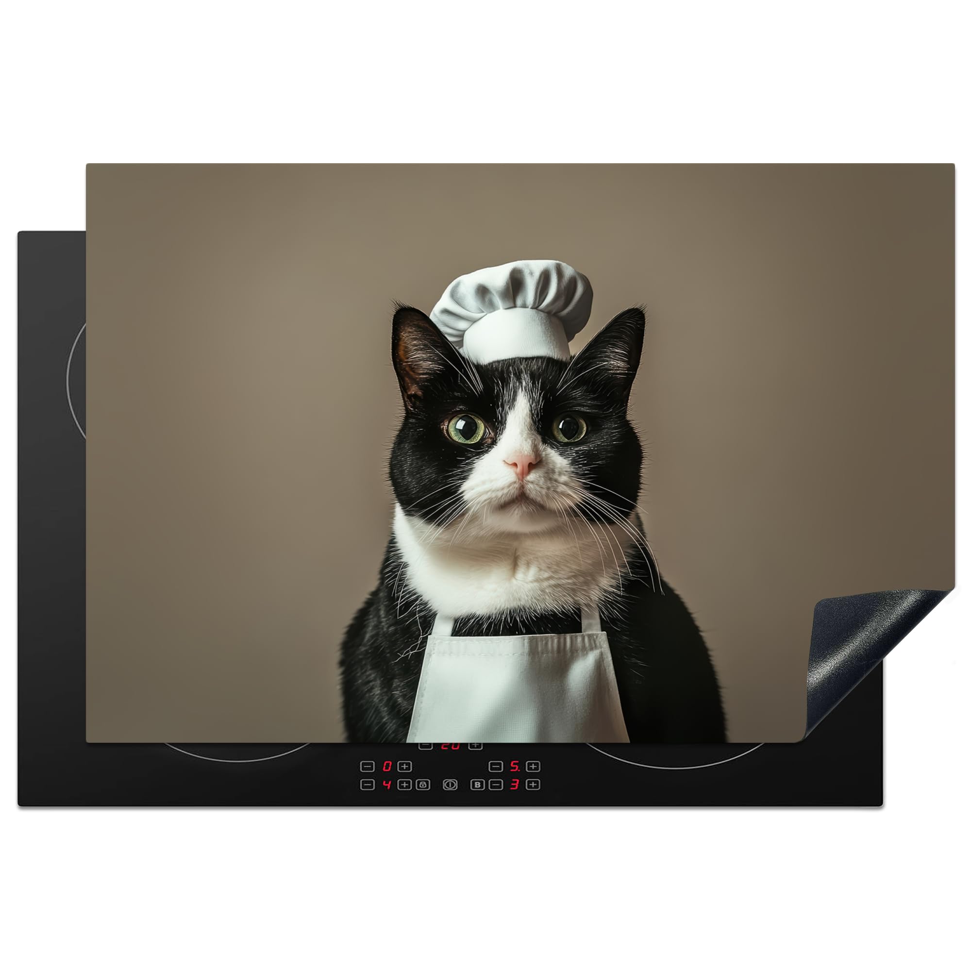 KitchenYeah© Induction Hob Cover Protector Mat 20.1"x30.3" / 77x51 cm Kitchen Universal Ceramic Covers for Electric Cookers Vinyl Cat - Chefs Hat - Black - White