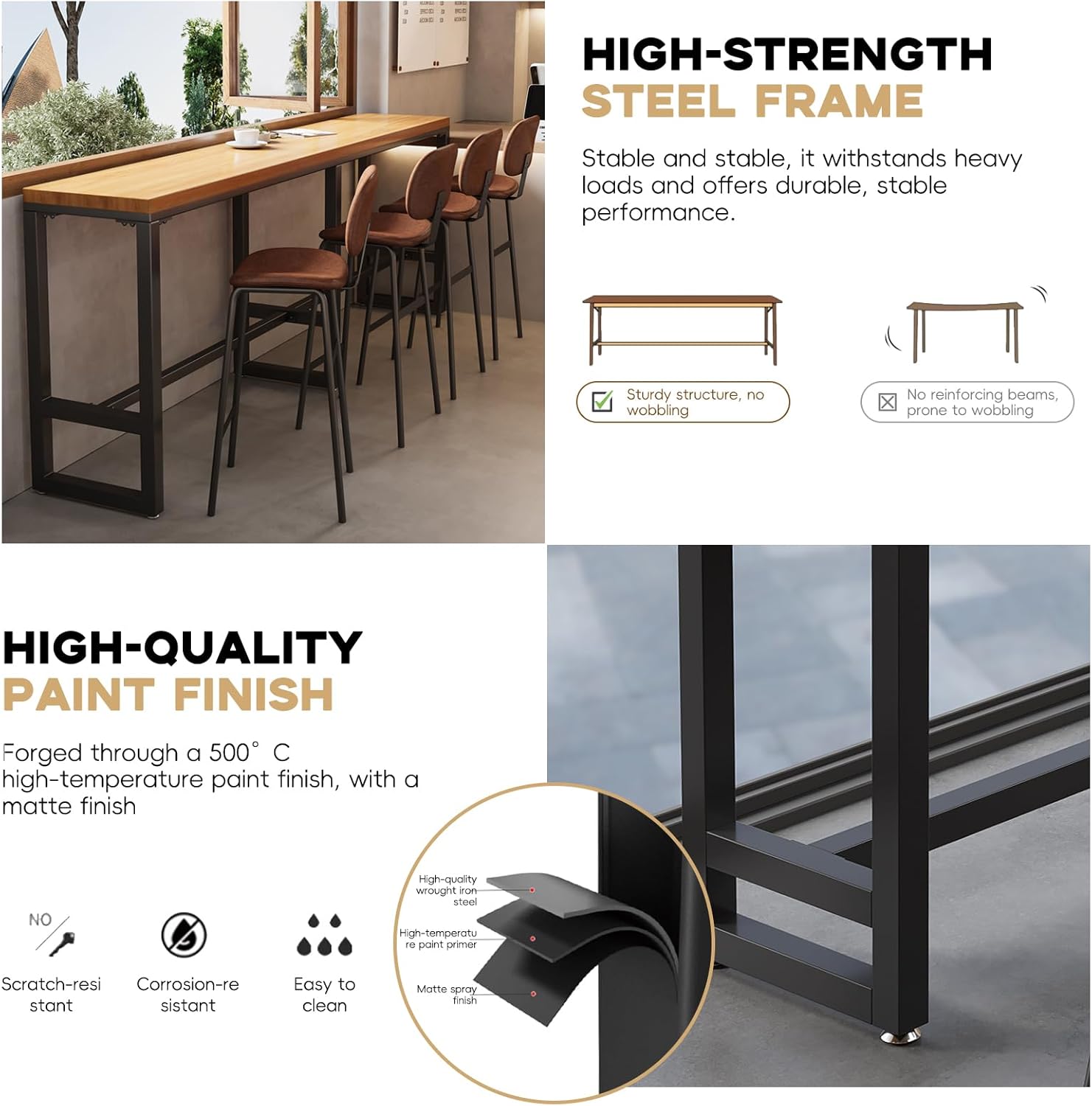 Rectangular Bar Table, Solid Wood Bar Height, High Top Dining Table, 59in Solid Wood Table Top, Black Steel Base, Thick Steel Frame, for Kitchen, Coffee Shop, Dining Room, Small Space