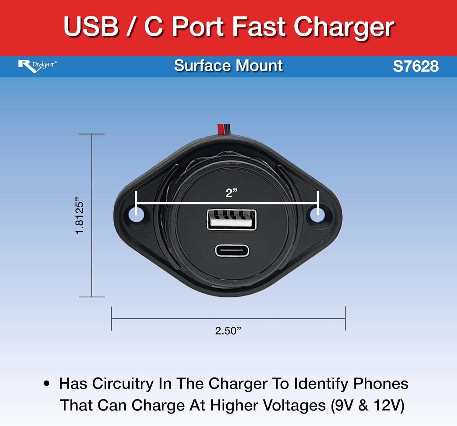 RV Designer S7628, Surface Mount - Dual Type C & USB-A Port Fast Charger - 2 Pack