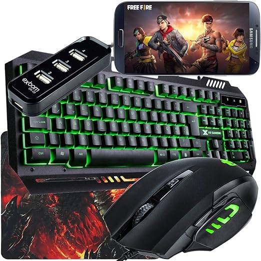 Kit GAmer Mobilador Para Celular Com Teclado Led + Mouse Óptico 3200Dpi IC180 + Hub Usb (VERDE