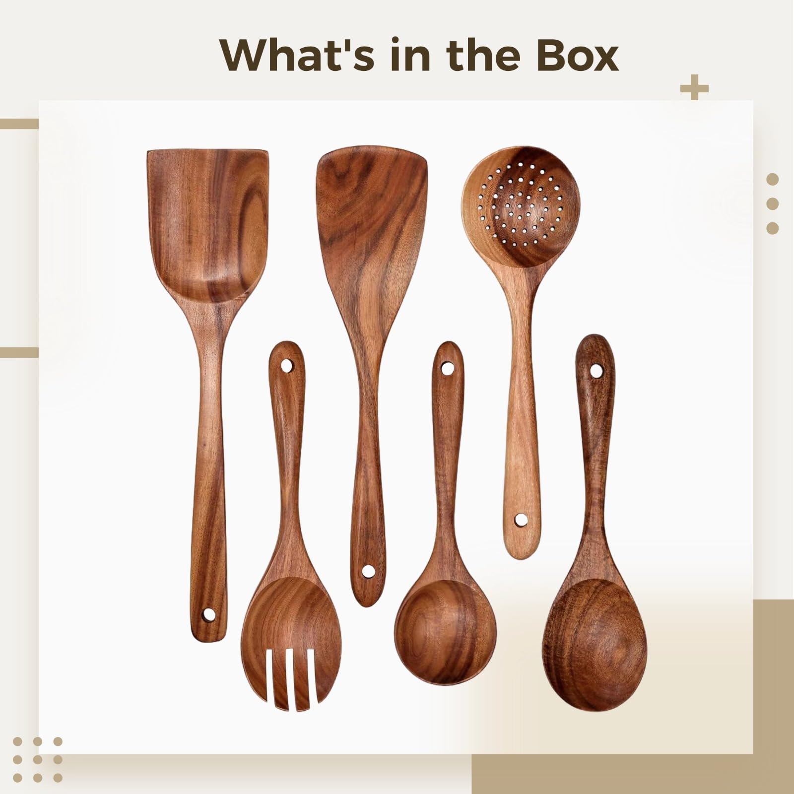 6-teiliges Teak Kochutensilien Set, Küchenutensilien aus Naturholz, Holzspatel, Lochlöffel und Schaumkelle mit langem Griff, schont Kochgeschirr, leicht zu reinigen und zu verstauen