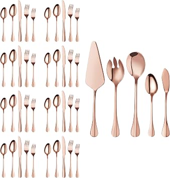 Rose Gold Silverware Flatware Set, HF HOFTEN 45-Piece Stainless Steel Durable Cutlery Serving Set, Service for 8, Modern Elegant Design for Home/Hotel/Restaurant, Mirror Polished & Dishwasher Safe