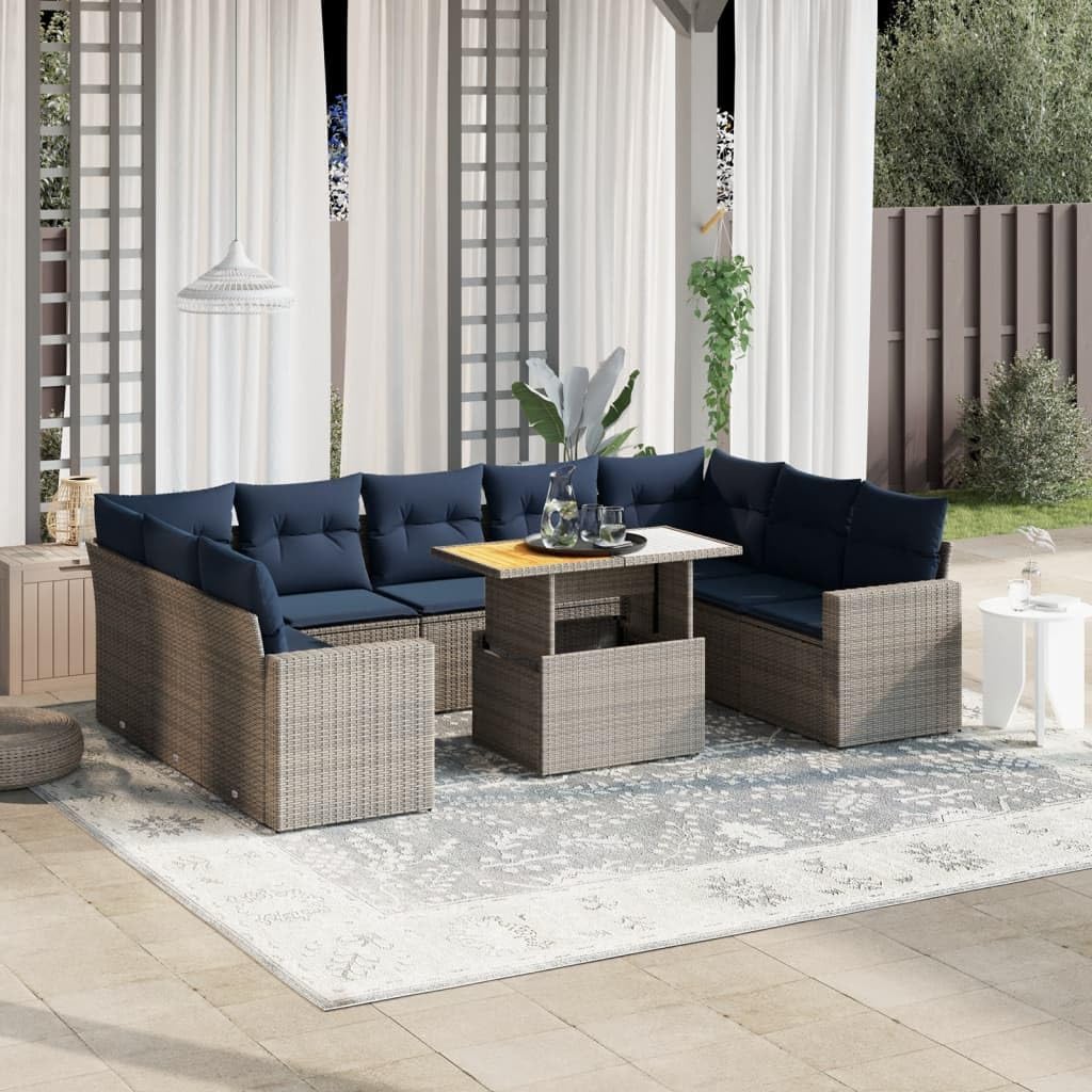 10 Piece Patio Sofa Set with Cushions Gray Poly Rattan Garden Furniture Set Garden Seating Ensemble for Backyard Outdoor