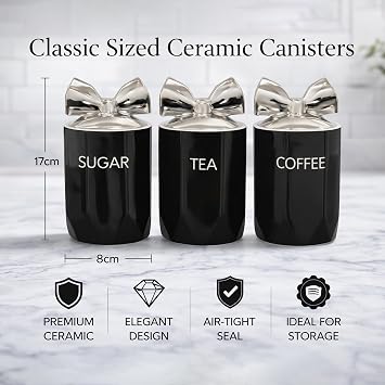 BML Ceramic Tea Coffee Sugar Canisters Set Airtight Kitchen Storage Jars Decorative Countertop Canister Set with Silver Bow Lids Ideal Housewarming Gift & New Home Kitchen Accessory