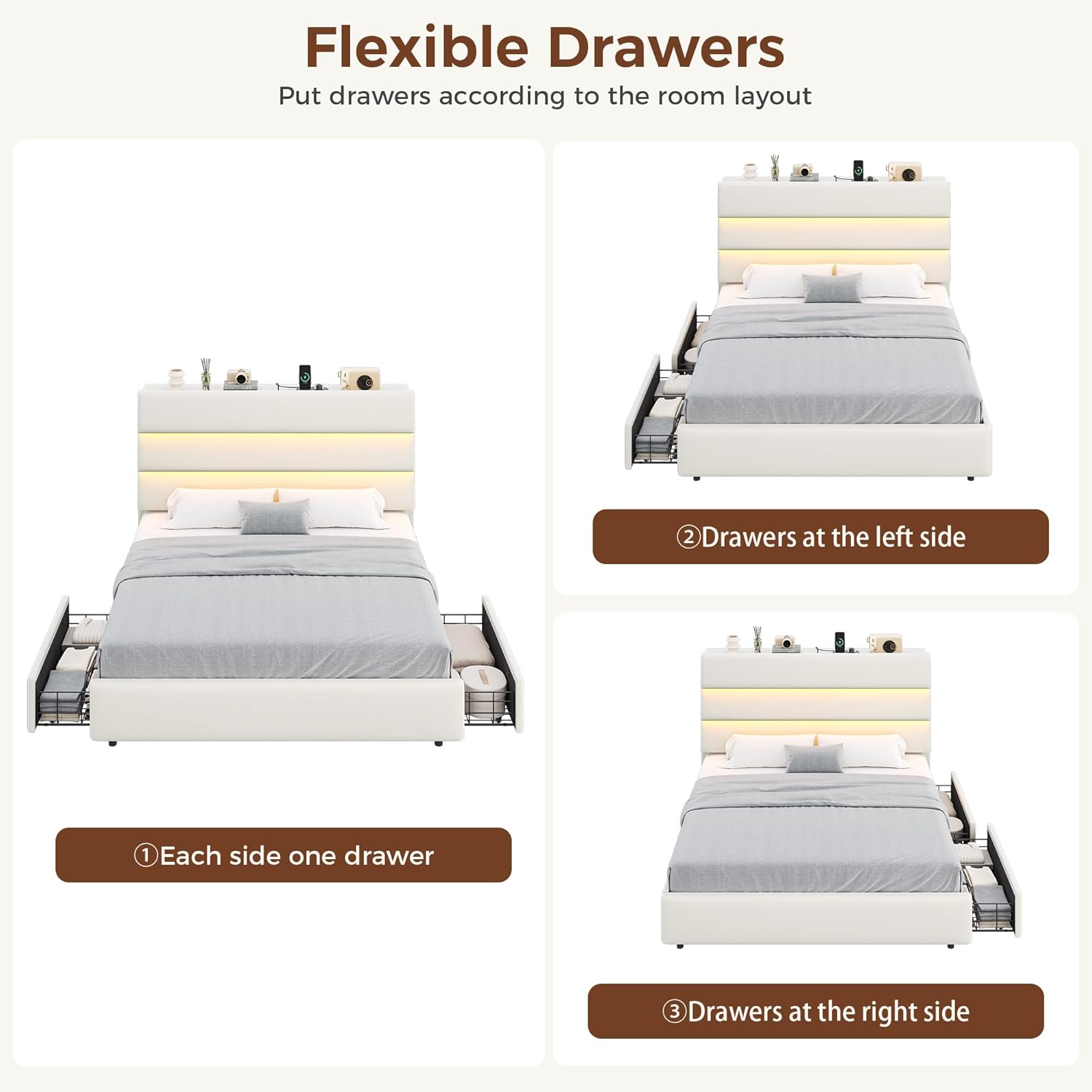 Jocoevol Queen Size Bed Frame with 2 Storage Drawers and Headboard Shelf, Velvet Upholstered Platform Bed with LED Lights & Charging Station, Wooden Slats Support, No Box Spring Needed, Beige