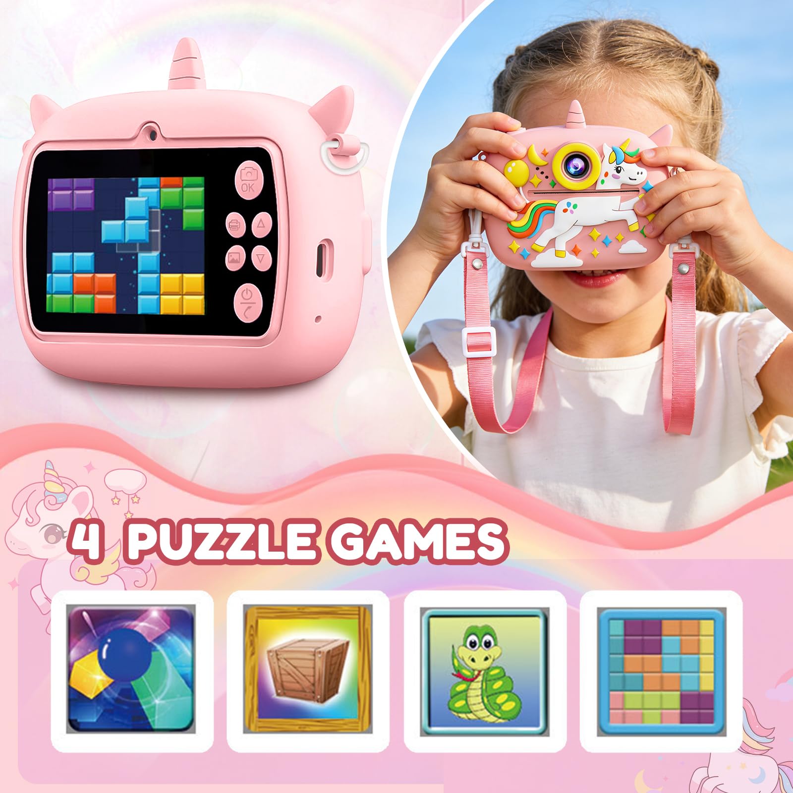 Camara Fotos Infantil Instantanea, 2,4 Pulgada Cámara Instantánea Niños, 1080P Cámara de Fotos Infantil con Tarjeta de 32 GB y Papel de Impresión, Regalo para Ninos de 3 a 12 Anos