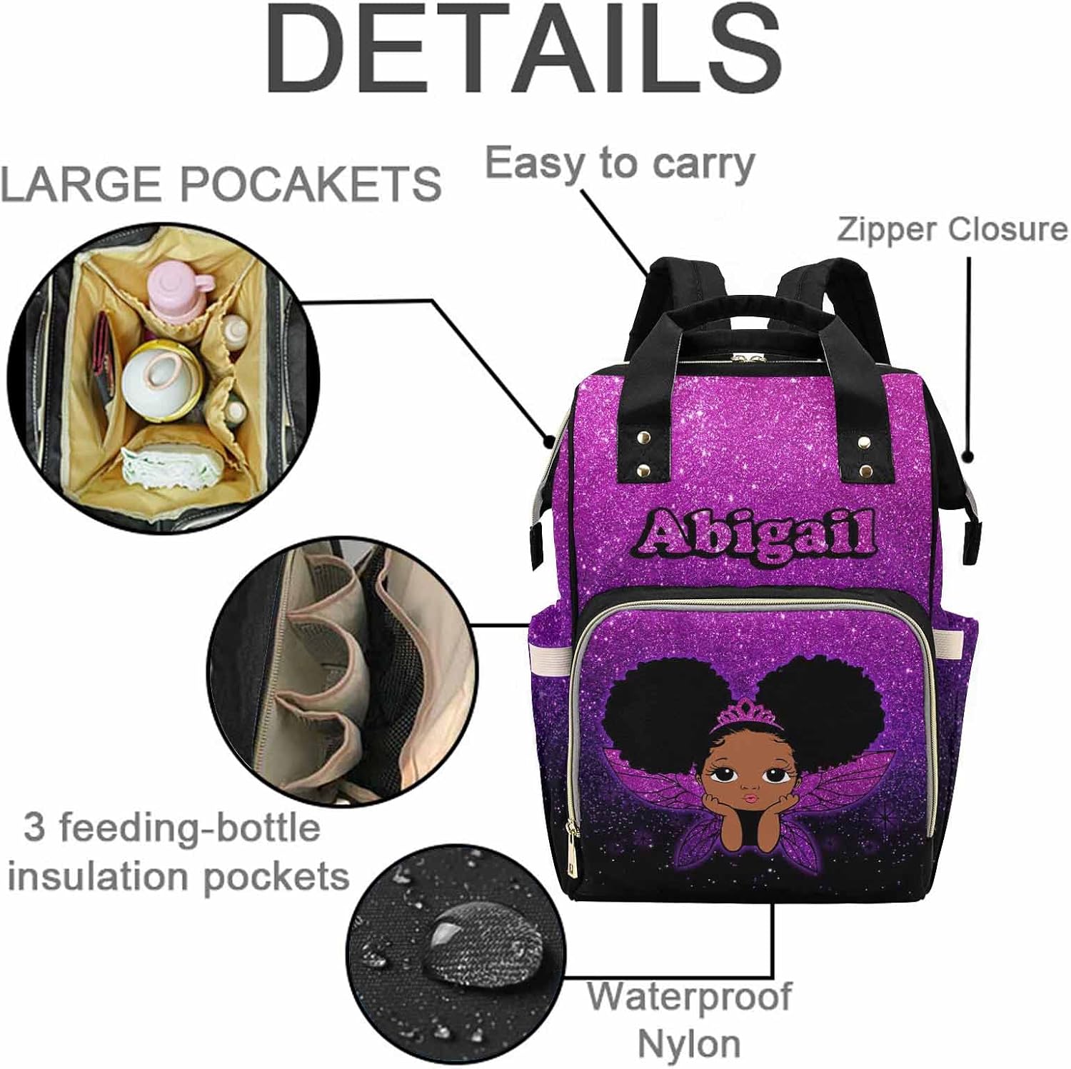 Customized Purple Glitter Diaper Bag with Name for Baby Girl/boy, Personalized Butterfly African Black Princess Mommy Nursing Daypack with Large Capacity for Travel Women Birthday Holiday Gift
